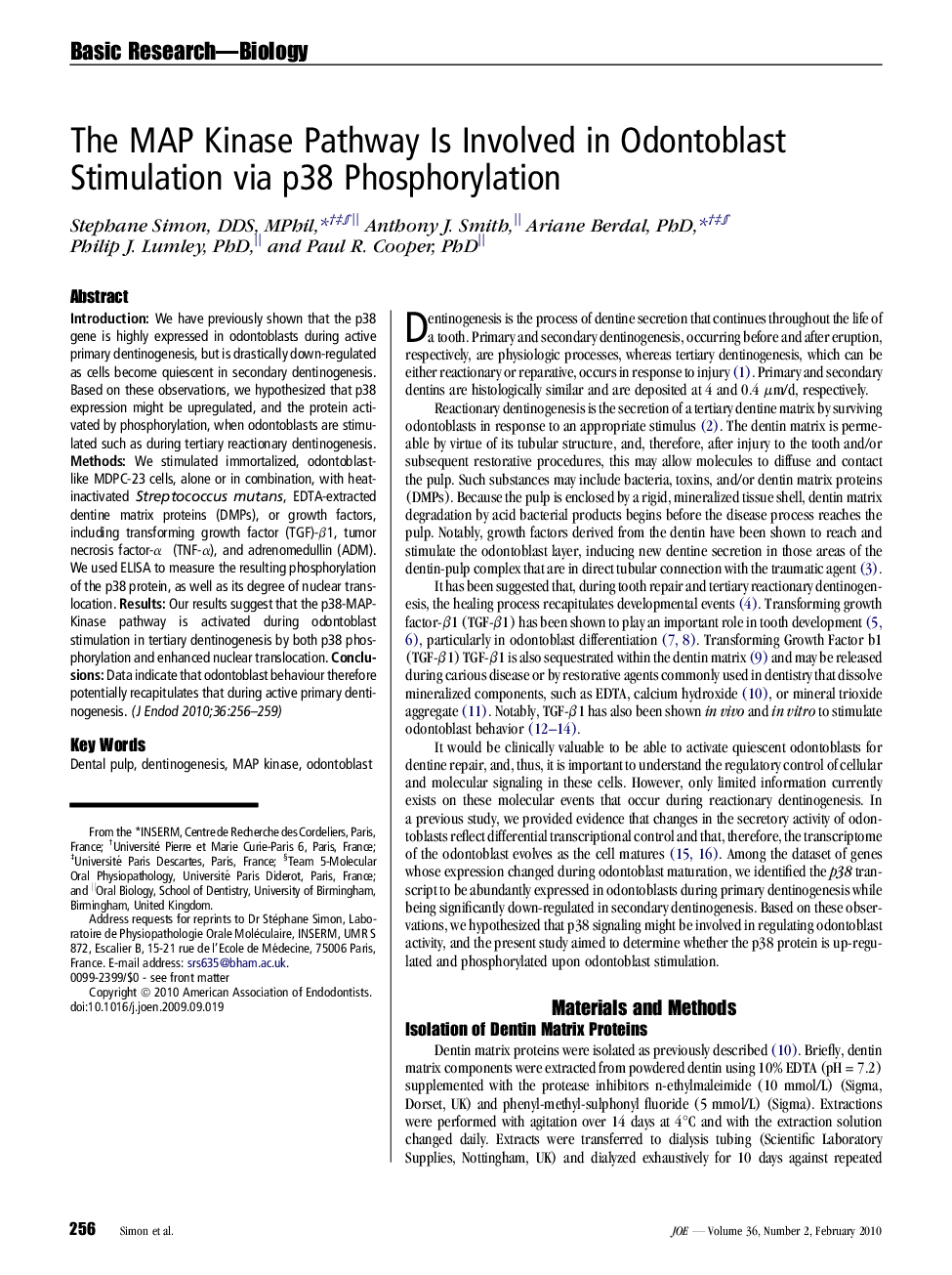 The MAP Kinase Pathway Is Involved in Odontoblast Stimulation via p38 Phosphorylation