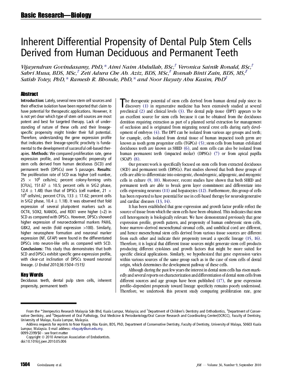 Inherent Differential Propensity of Dental Pulp Stem Cells Derived from Human Deciduous and Permanent Teeth