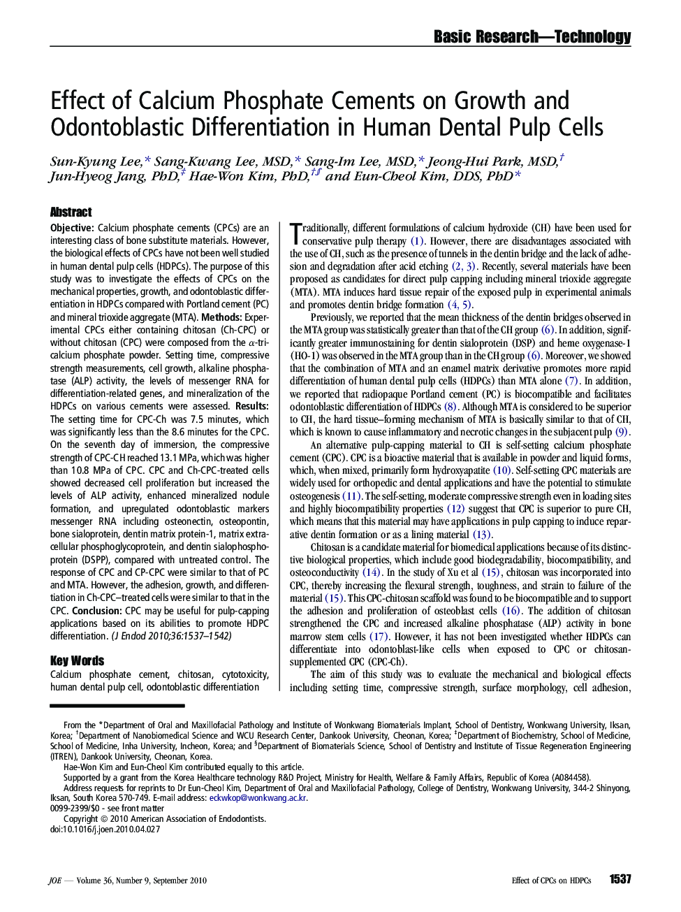 Effect of Calcium Phosphate Cements on Growth and Odontoblastic Differentiation in Human Dental Pulp Cells 