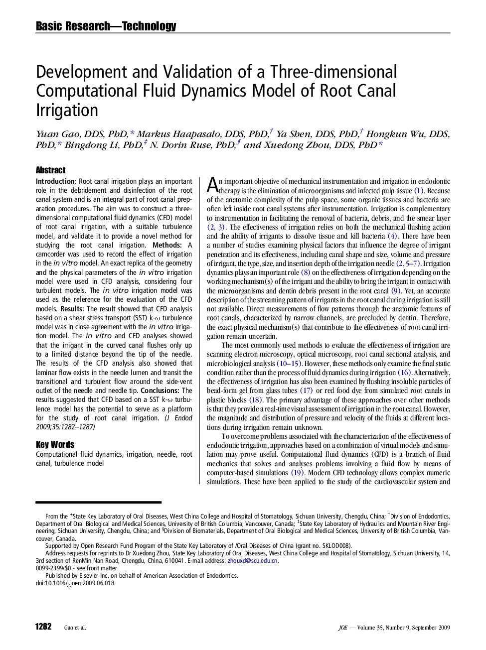 Development and Validation of a Three-dimensional Computational Fluid Dynamics Model of Root Canal Irrigation 