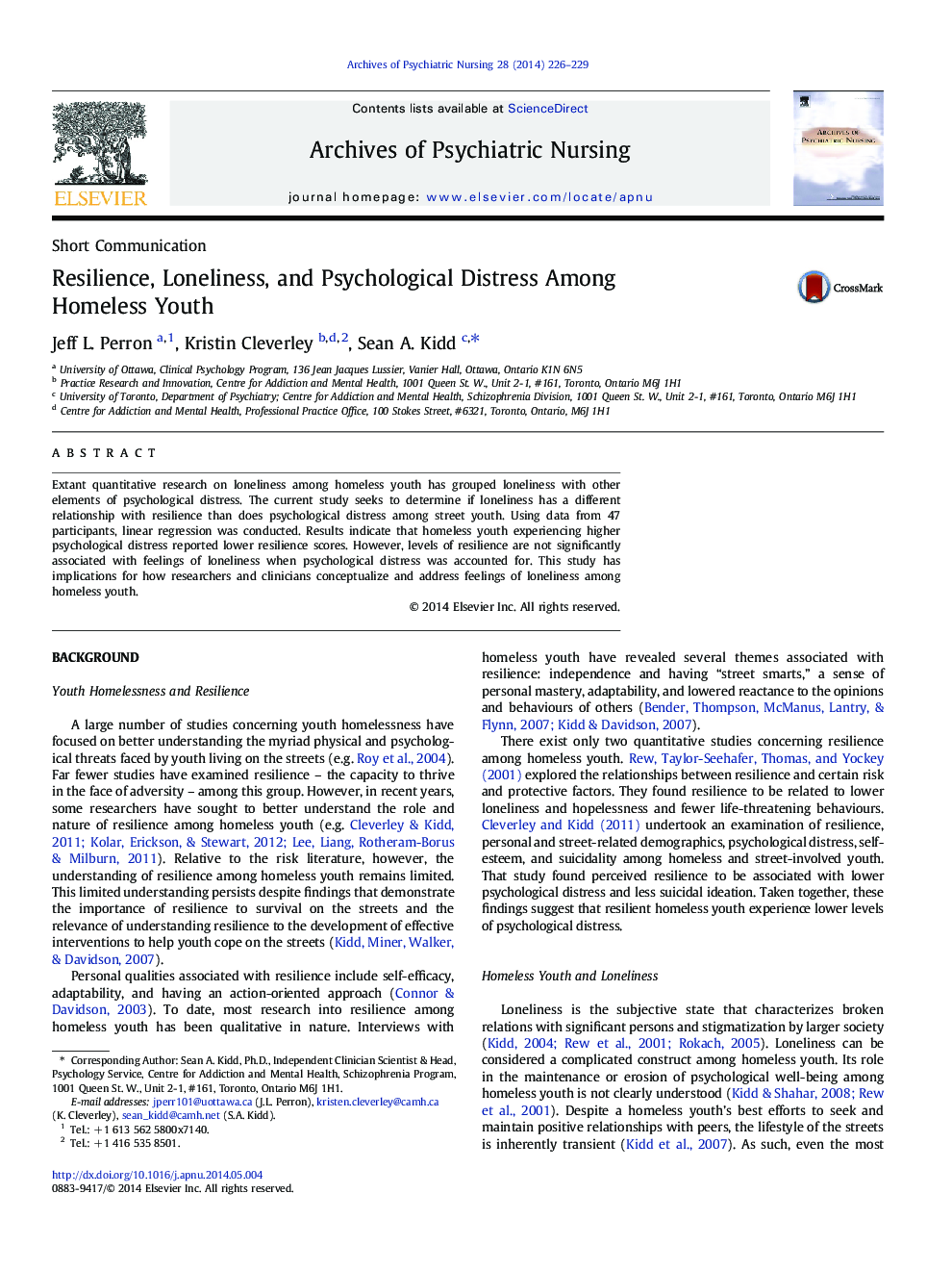 Resilience, Loneliness, and Psychological Distress Among Homeless Youth