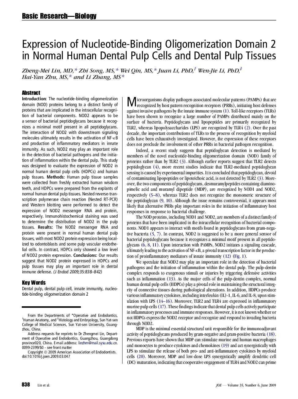 Expression of Nucleotide-Binding Oligomerization Domain 2 in Normal Human Dental Pulp Cells and Dental Pulp Tissues