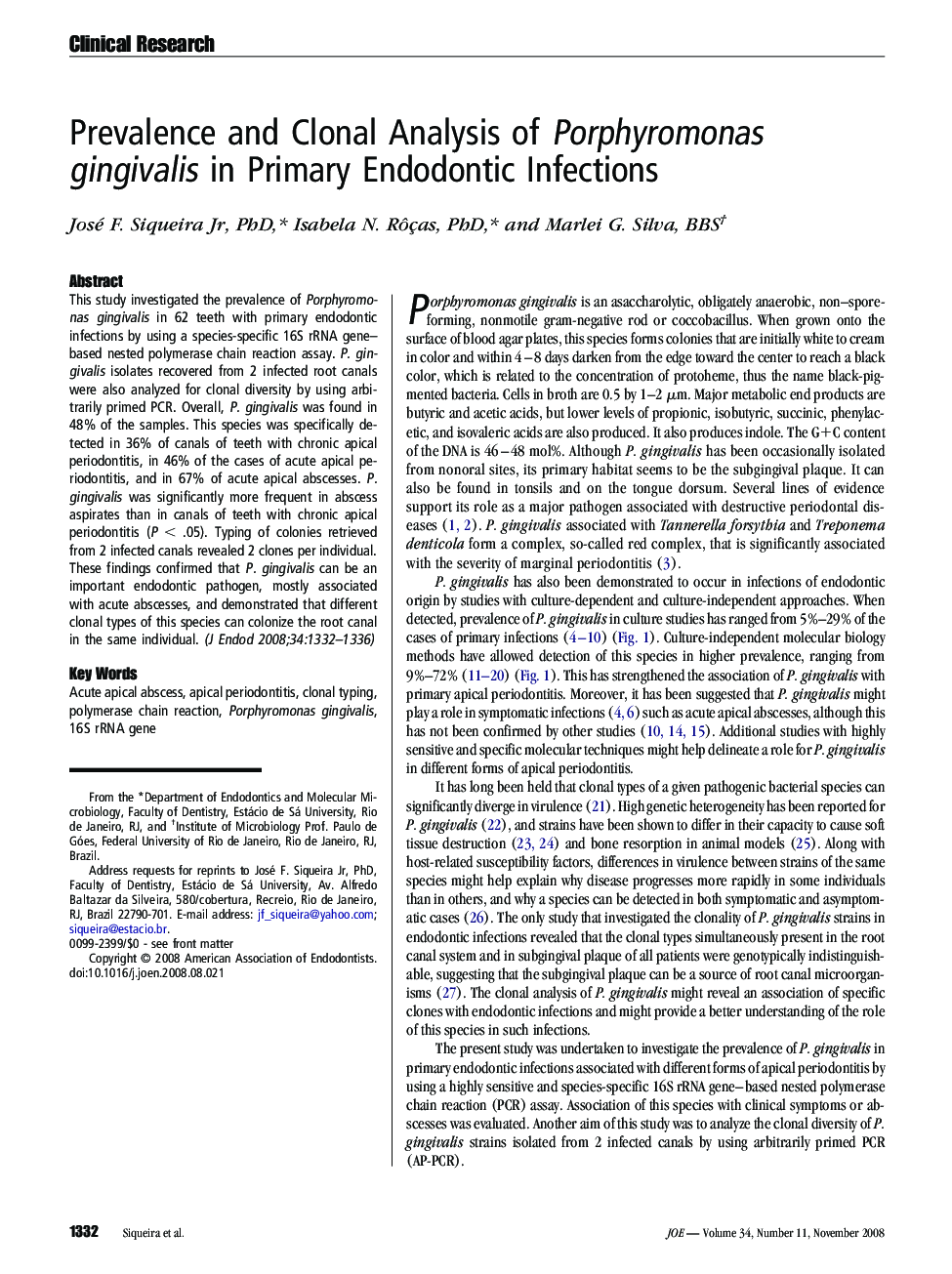 Prevalence and Clonal Analysis of Porphyromonas gingivalis in Primary Endodontic Infections