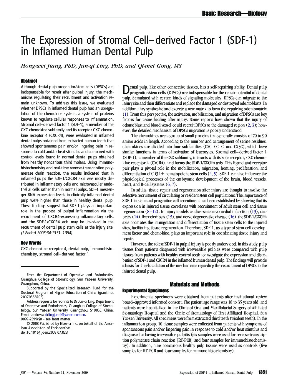 The Expression of Stromal Cell-derived Factor 1 (SDF-1) in Inflamed Human Dental Pulp