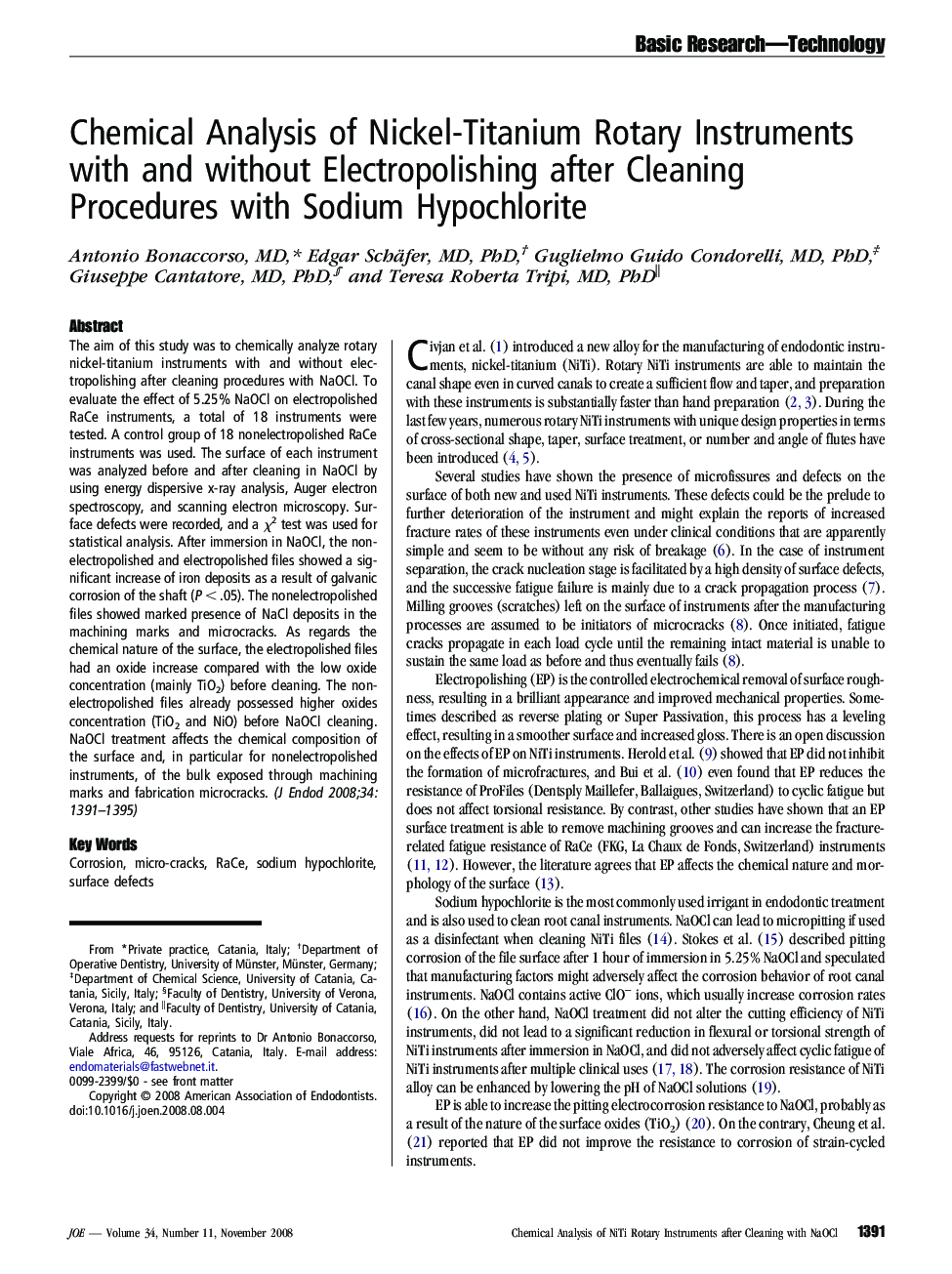 Chemical Analysis of Nickel-Titanium Rotary Instruments with and without Electropolishing after Cleaning Procedures with Sodium Hypochlorite