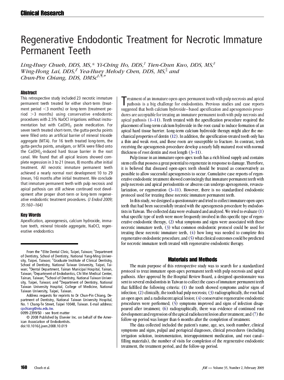 Regenerative Endodontic Treatment for Necrotic Immature Permanent Teeth