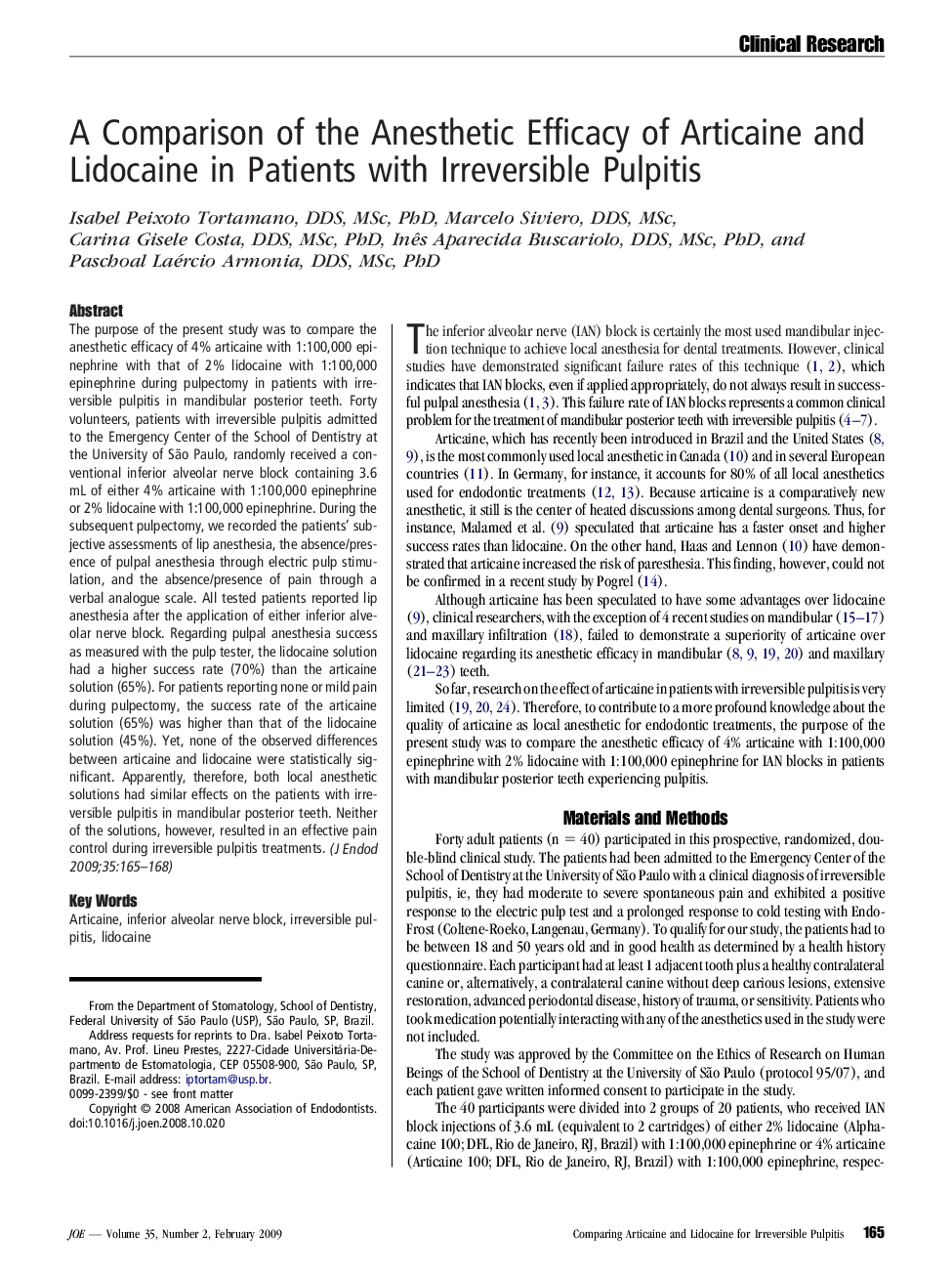 A Comparison of the Anesthetic Efficacy of Articaine and Lidocaine in Patients with Irreversible Pulpitis