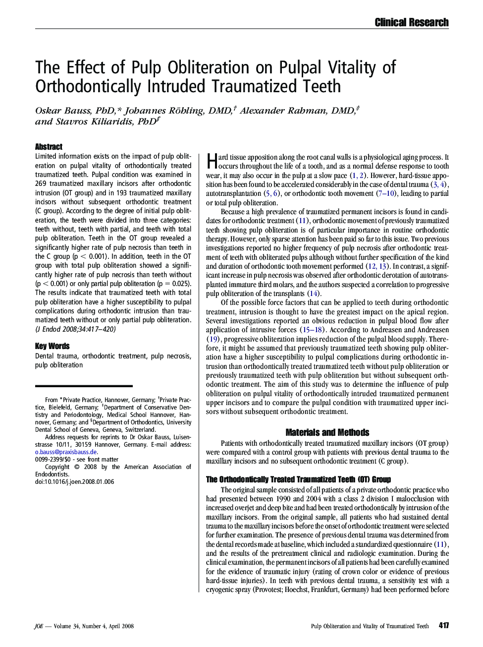 The Effect of Pulp Obliteration on Pulpal Vitality of Orthodontically Intruded Traumatized Teeth