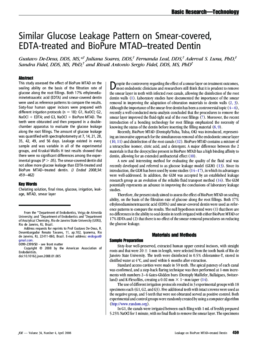 Similar Glucose Leakage Pattern on Smear-covered, EDTA-treated and BioPure MTAD–treated Dentin