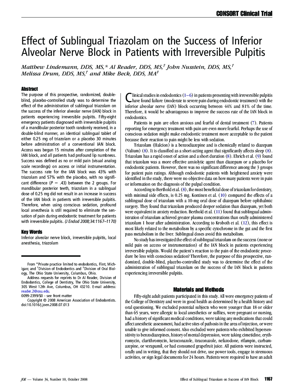 Effect of Sublingual Triazolam on the Success of Inferior Alveolar Nerve Block in Patients with Irreversible Pulpitis