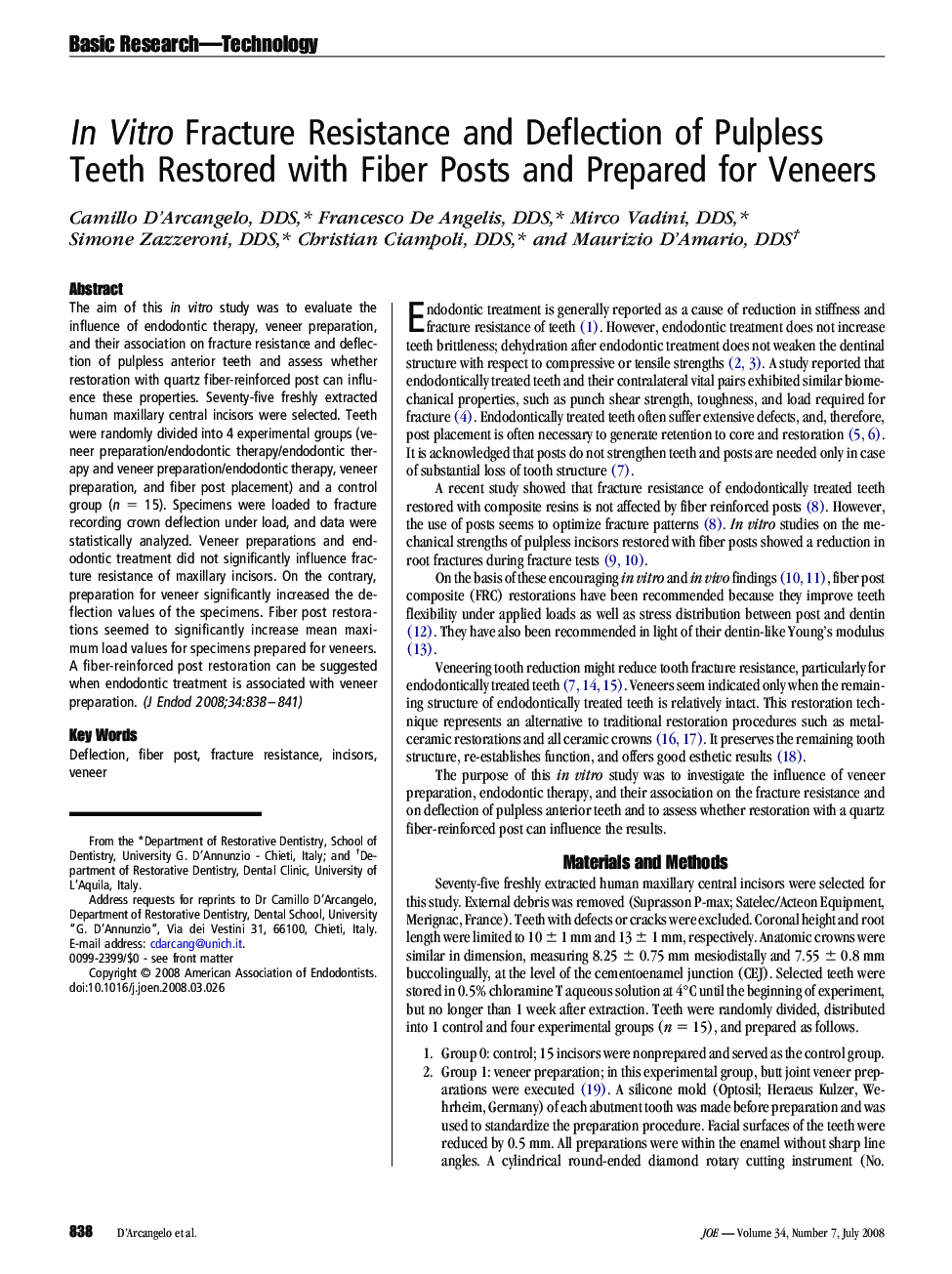 In Vitro Fracture Resistance and Deflection of Pulpless Teeth Restored with Fiber Posts and Prepared for Veneers