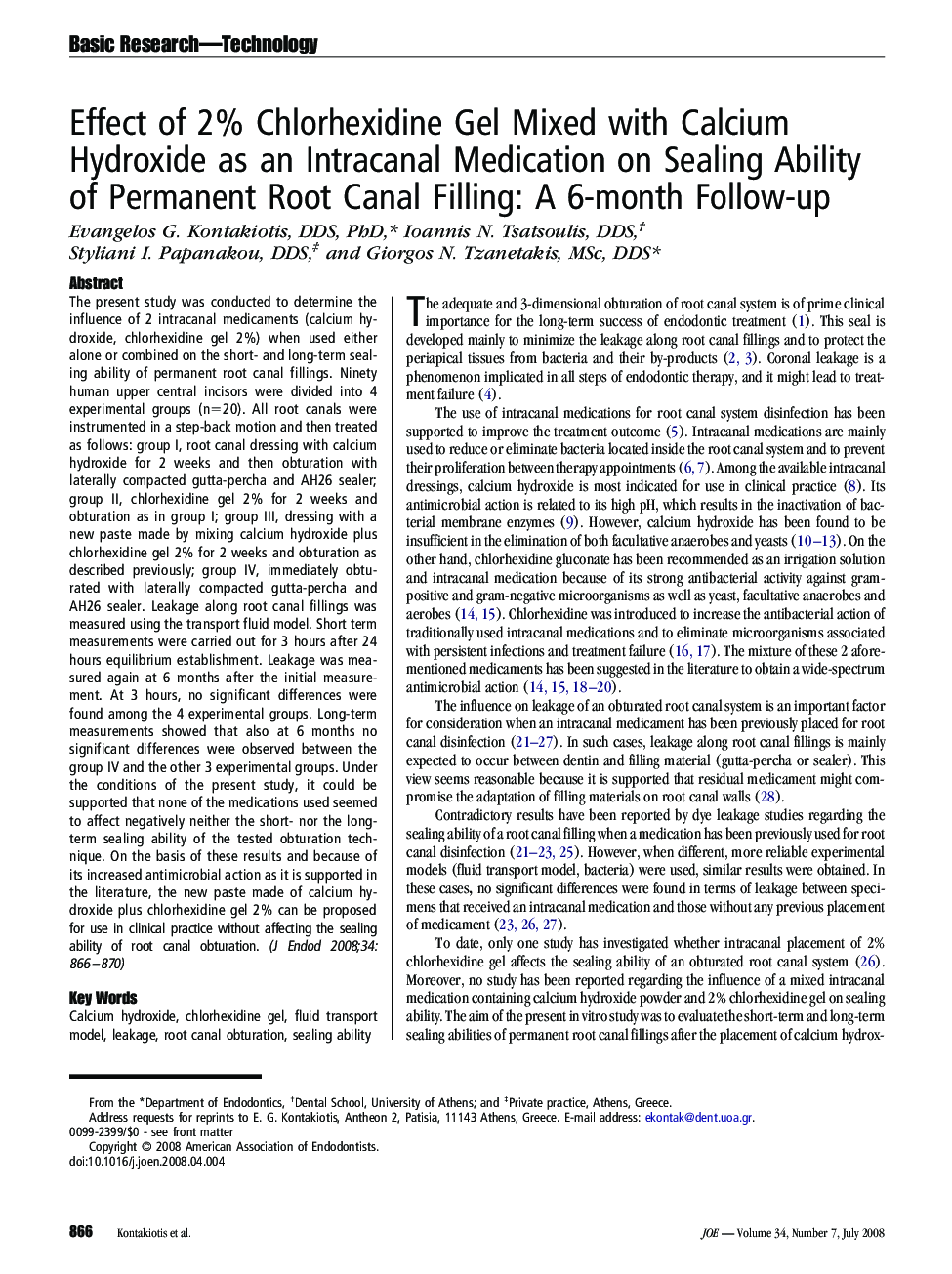 Effect of 2% Chlorhexidine Gel Mixed with Calcium Hydroxide as an Intracanal Medication on Sealing Ability of Permanent Root Canal Filling: A 6-month Follow-up