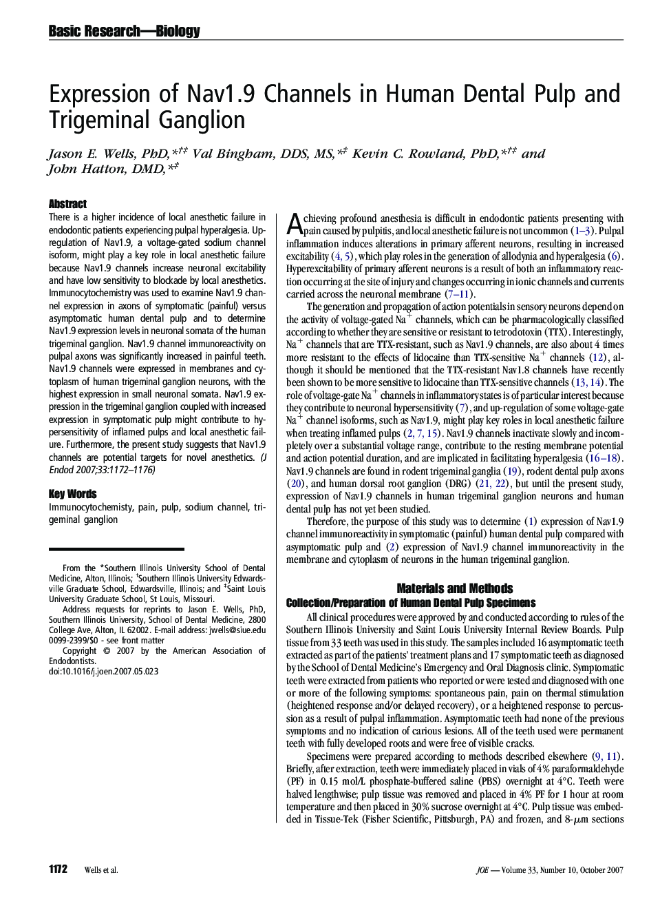 Expression of Nav1.9 Channels in Human Dental Pulp and Trigeminal Ganglion