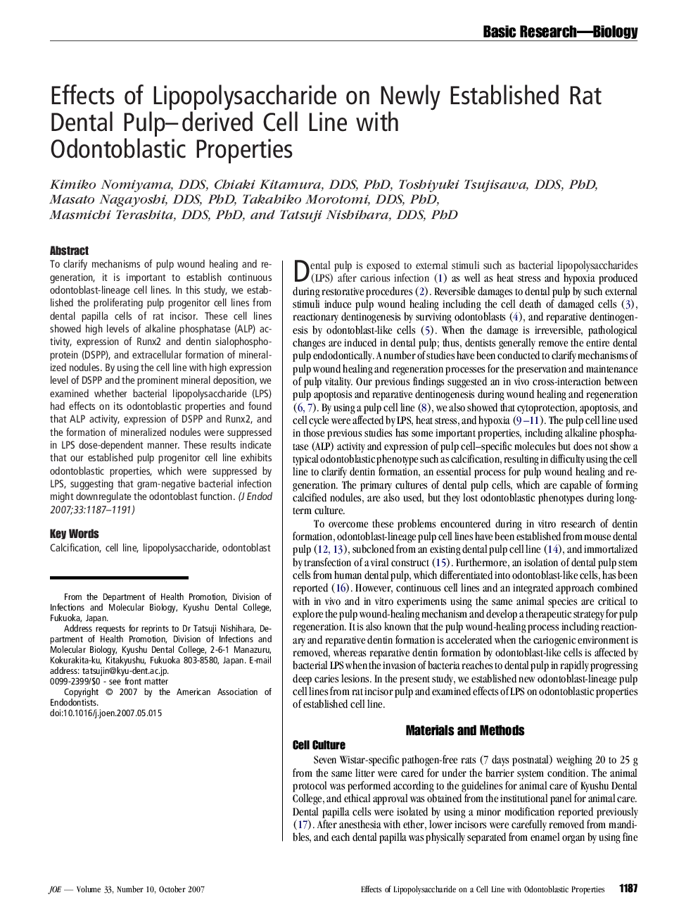 Effects of Lipopolysaccharide on Newly Established Rat Dental Pulp–derived Cell Line with Odontoblastic Properties