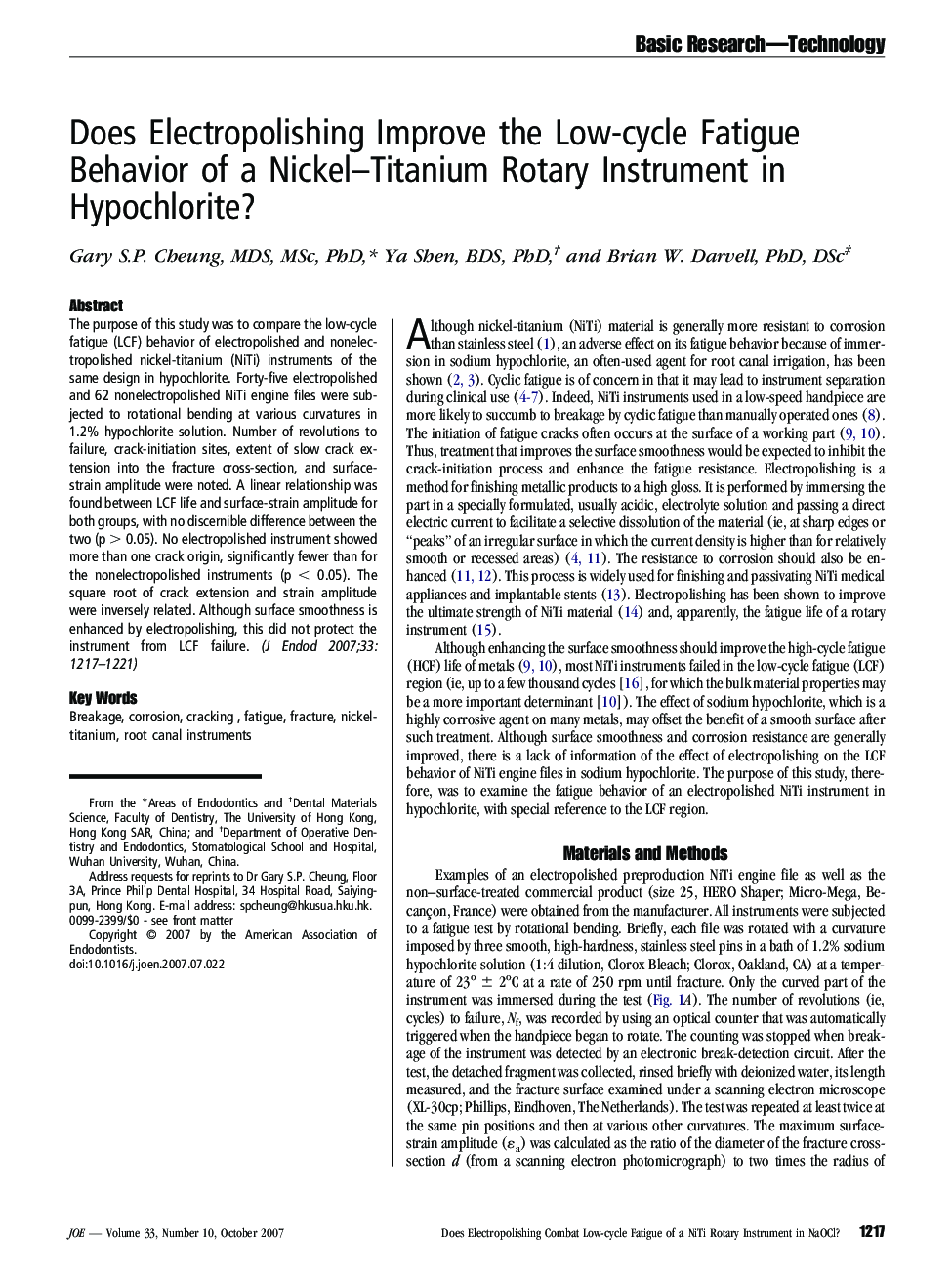 Does Electropolishing Improve the Low-cycle Fatigue Behavior of a Nickel–Titanium Rotary Instrument in Hypochlorite?