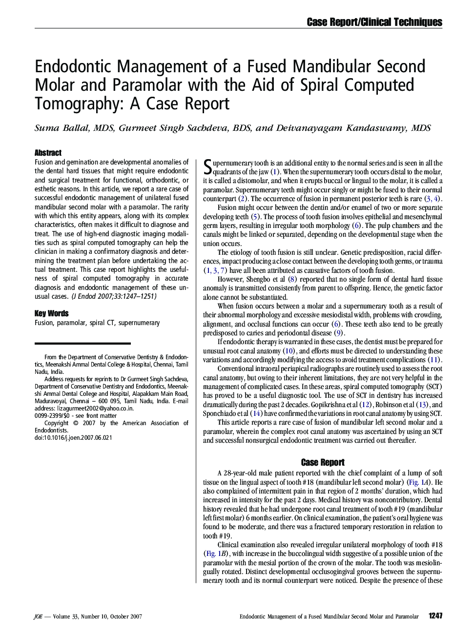 Endodontic Management of a Fused Mandibular Second Molar and Paramolar with the Aid of Spiral Computed Tomography: A Case Report