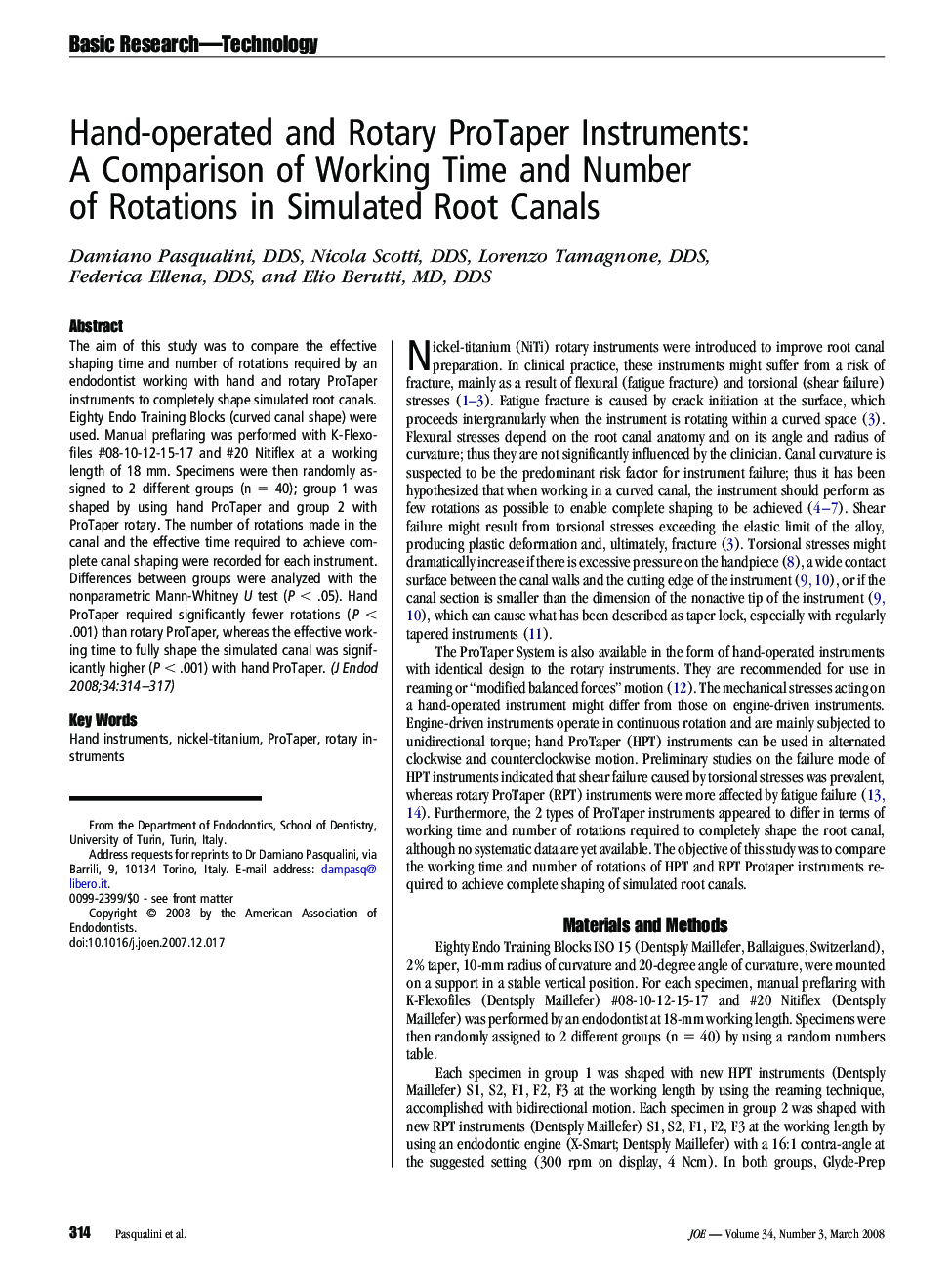 Hand-operated and Rotary ProTaper Instruments: A Comparison of Working Time and Number of Rotations in Simulated Root Canals