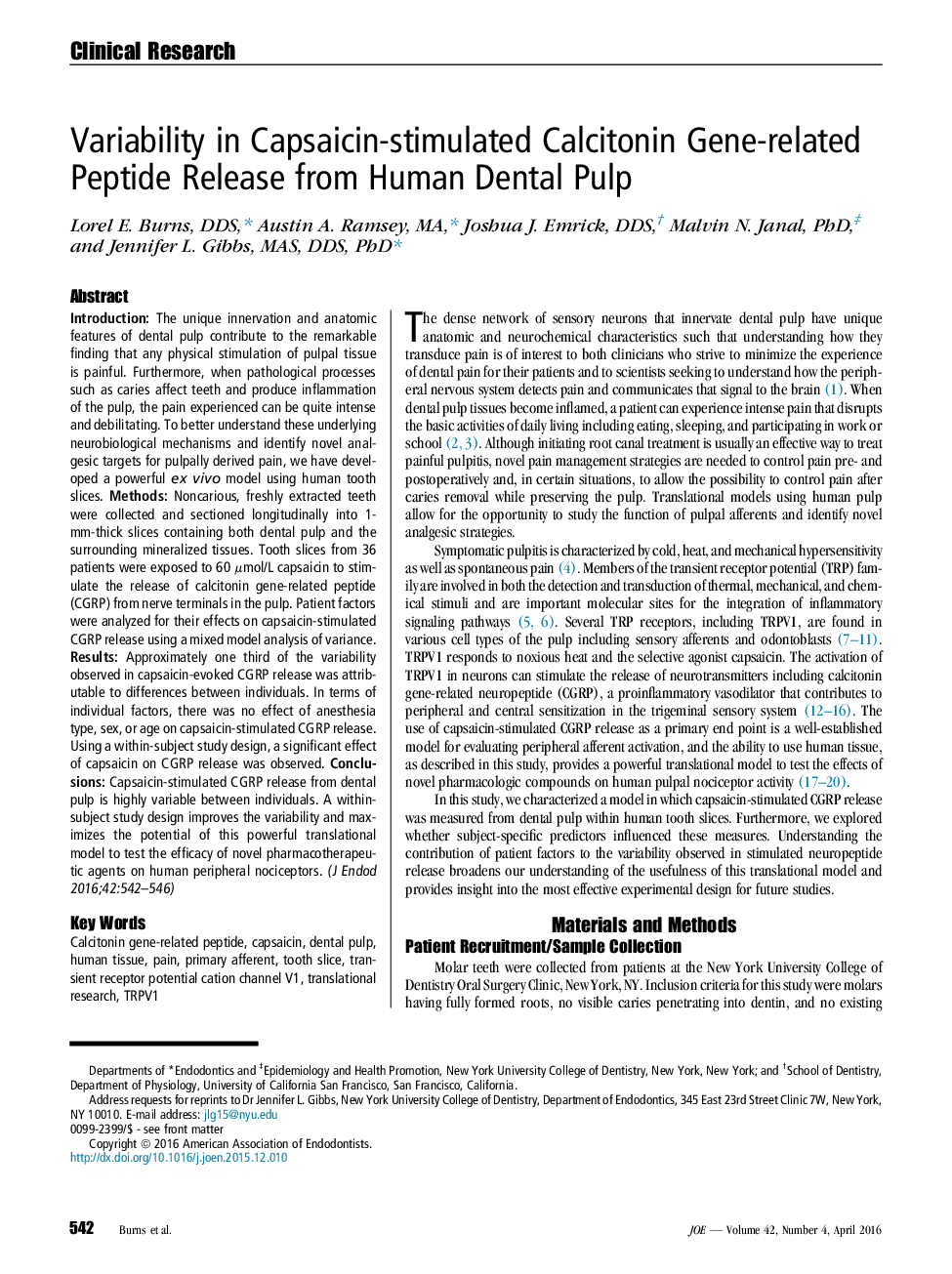 Variability in Capsaicin-stimulated Calcitonin Gene-related Peptide Release from Human Dental Pulp