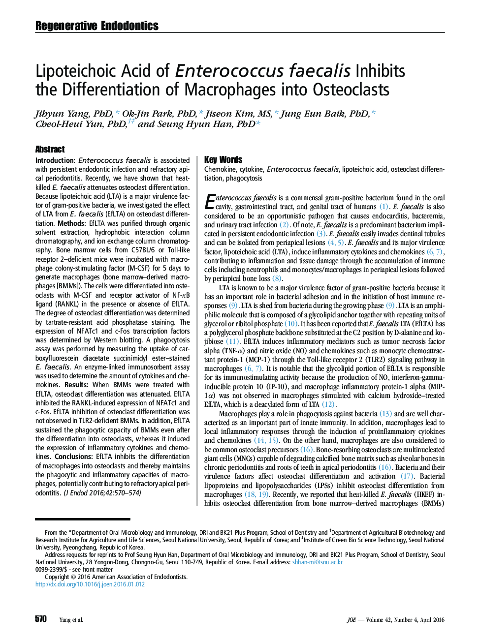 Lipoteichoic Acid of Enterococcus faecalis Inhibits the Differentiation of Macrophages into Osteoclasts