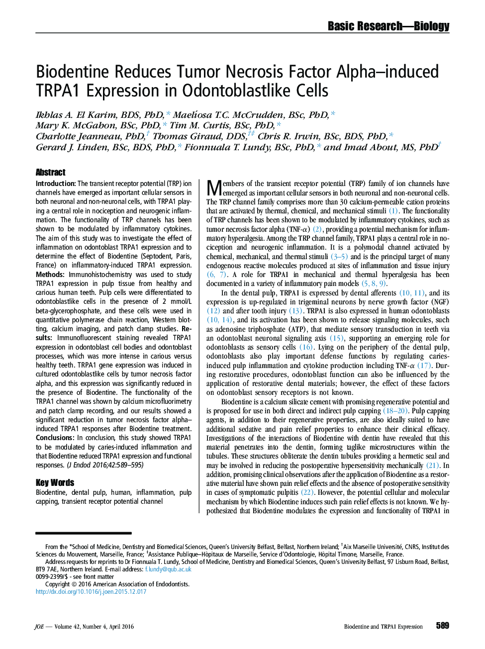 Biodentine Reduces Tumor Necrosis Factor Alpha–induced TRPA1 Expression in Odontoblastlike Cells