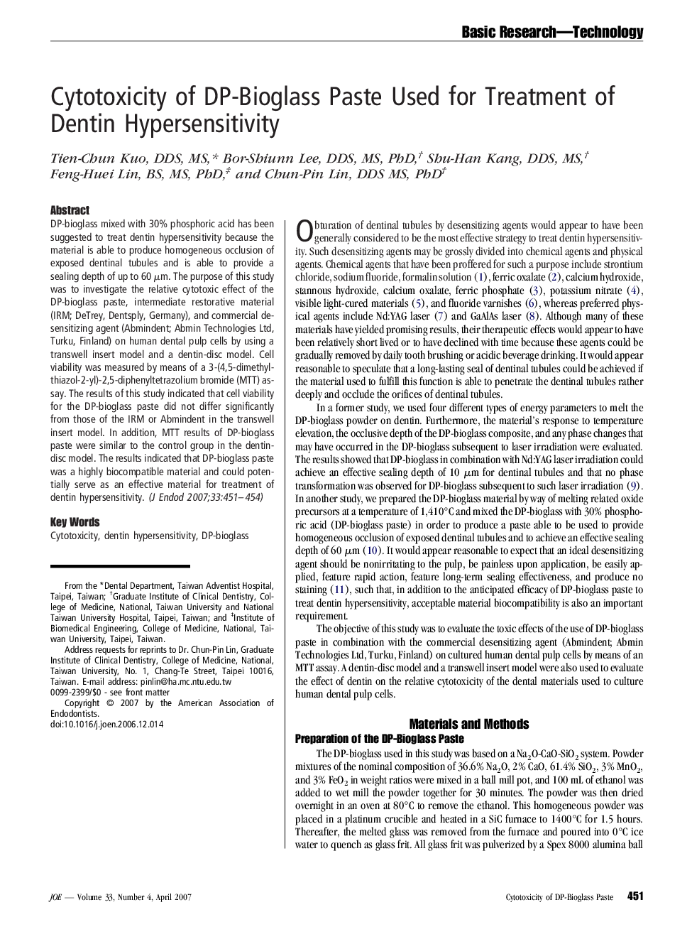 Cytotoxicity of DP-Bioglass Paste Used for Treatment of Dentin Hypersensitivity