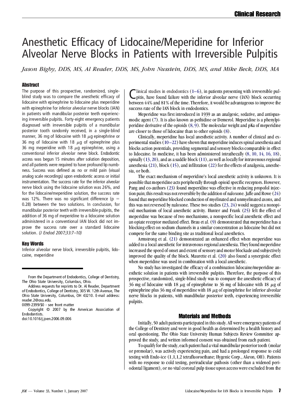 Anesthetic Efficacy of Lidocaine/Meperidine for Inferior Alveolar Nerve Blocks in Patients with Irreversible Pulpitis