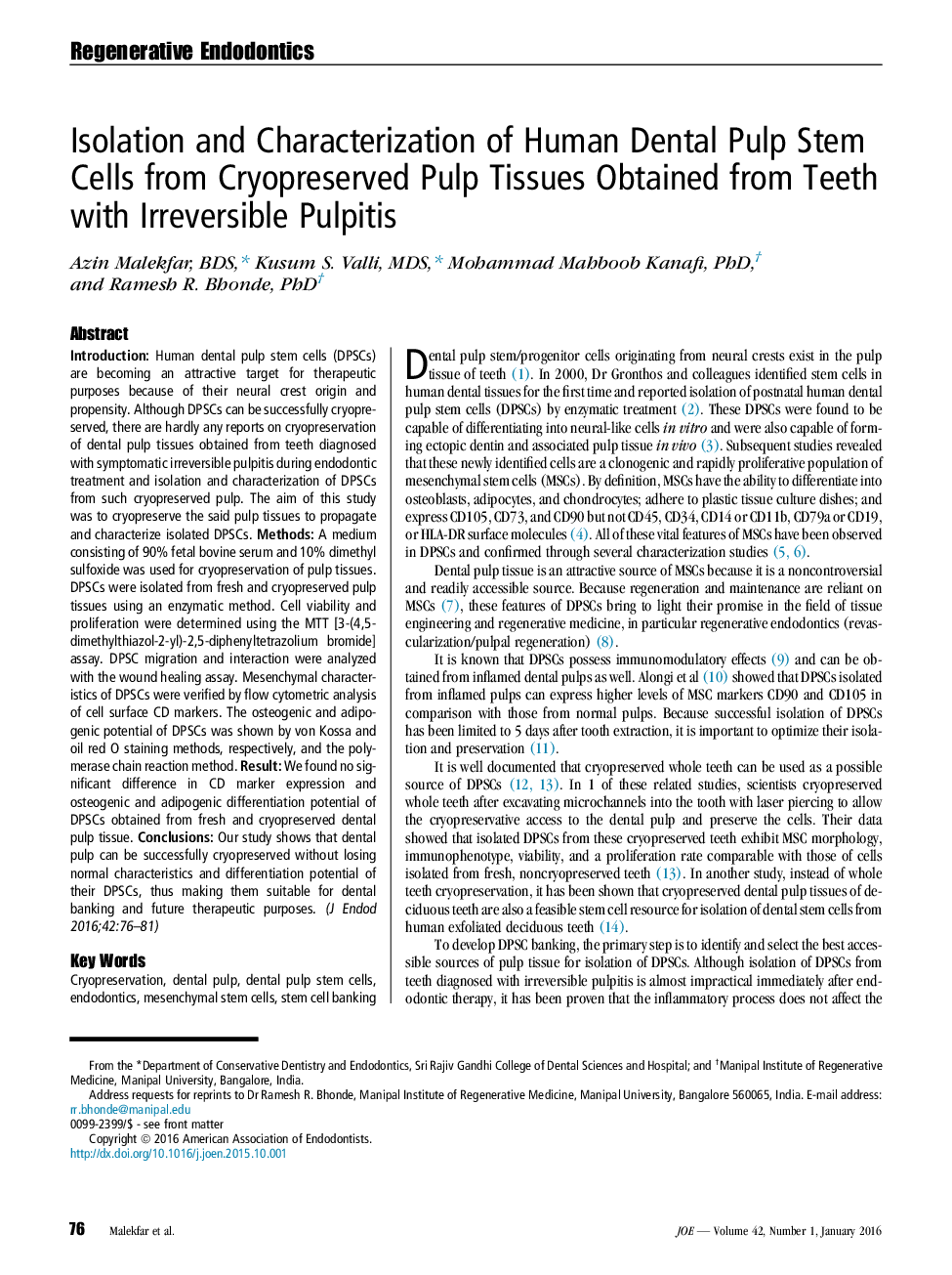 Isolation and Characterization of Human Dental Pulp Stem Cells from Cryopreserved Pulp Tissues Obtained from Teeth with Irreversible Pulpitis