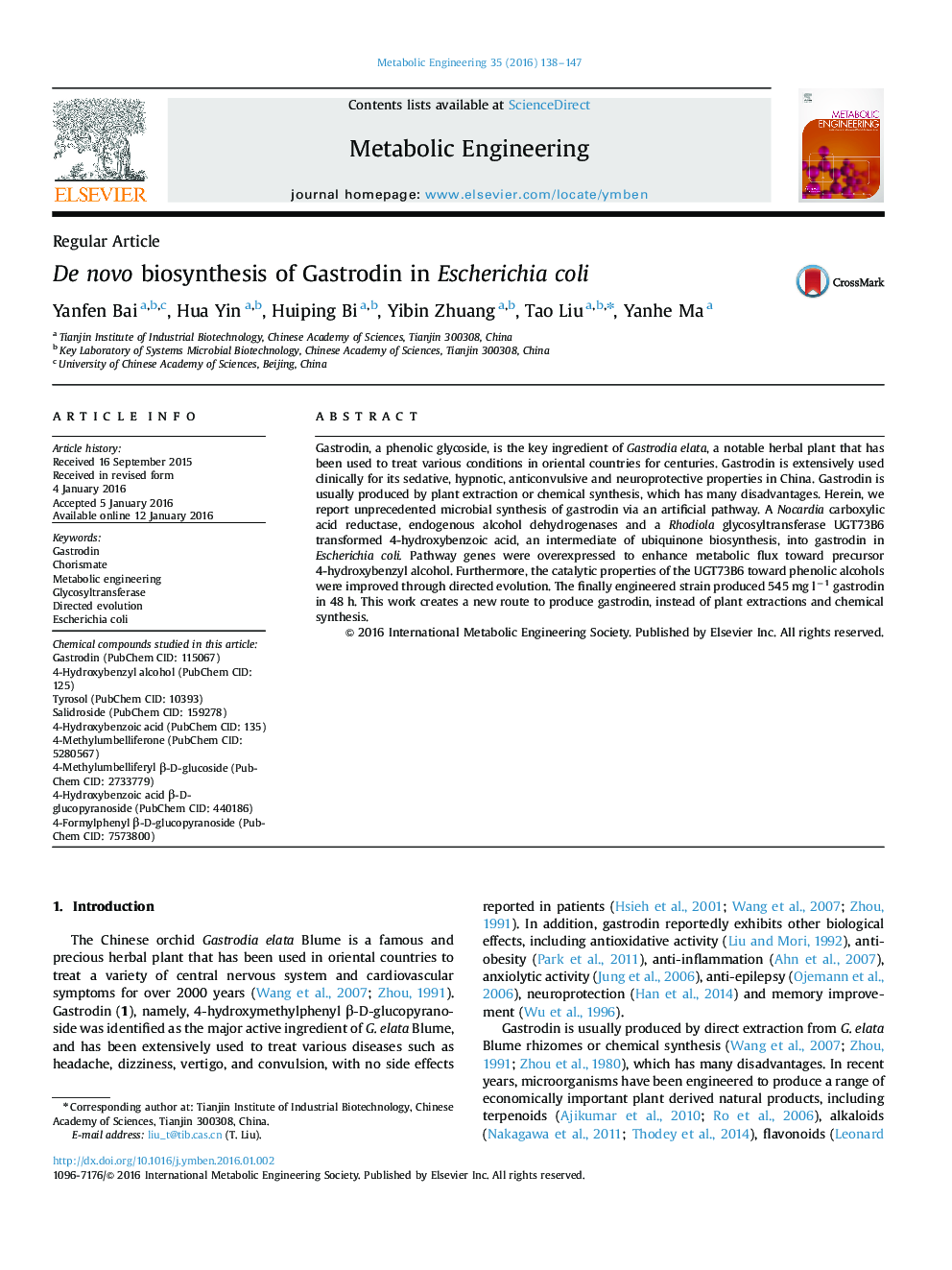 De novo biosynthesis of Gastrodin in Escherichia coli