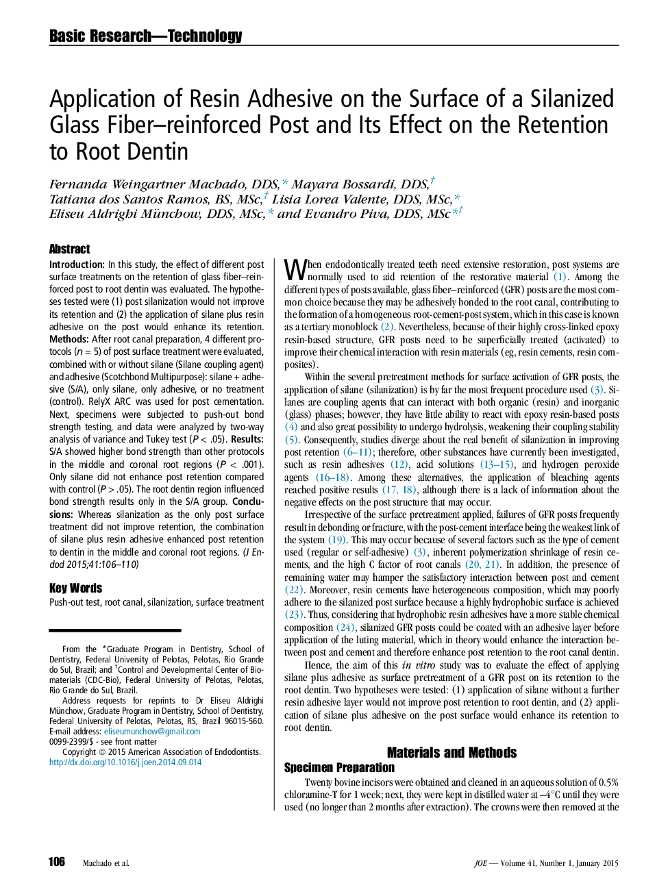 Application of Resin Adhesive on the Surface of a Silanized Glass Fiber-reinforced Post and Its Effect on the Retention toÂ Root Dentin