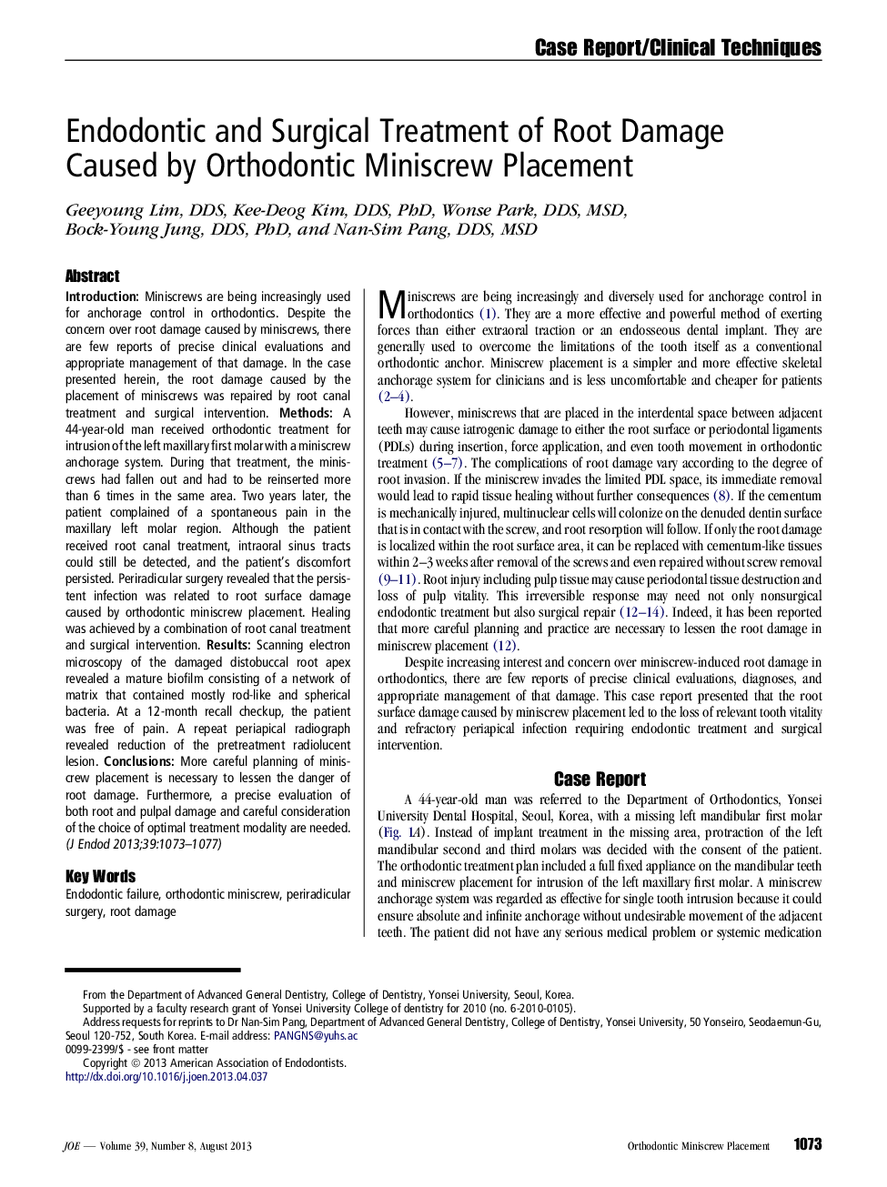 Endodontic and Surgical Treatment of Root Damage Caused by Orthodontic Miniscrew Placement 