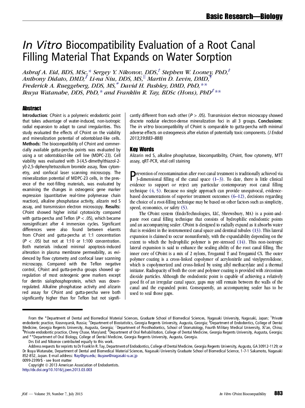 In Vitro Biocompatibility Evaluation of a Root Canal Filling Material That Expands on Water Sorption 