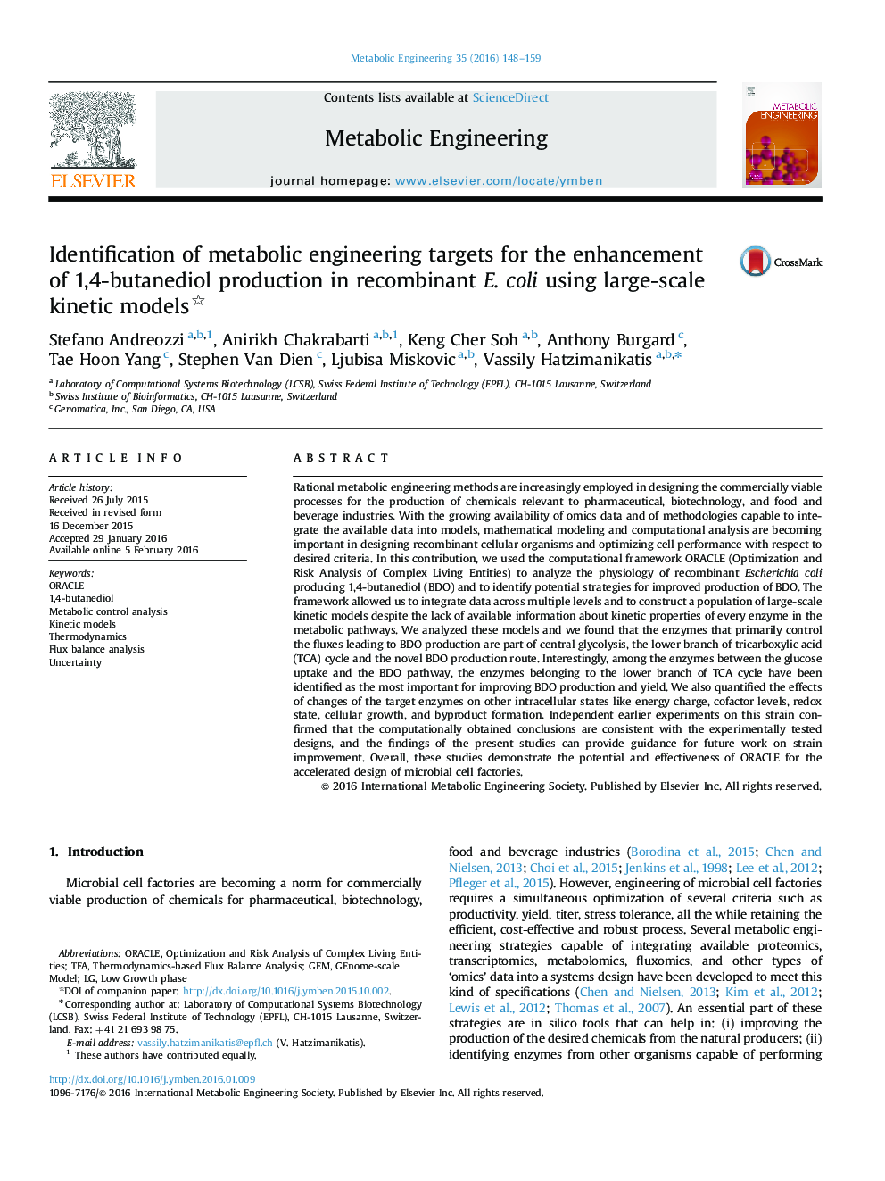 Identification of metabolic engineering targets for the enhancement of 1,4-butanediol production in recombinant E. coli using large-scale kinetic models 