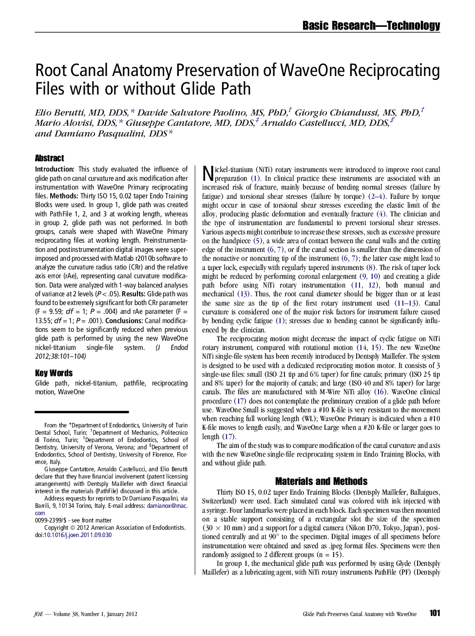 Root Canal Anatomy Preservation of WaveOne Reciprocating Files with or without Glide Path 