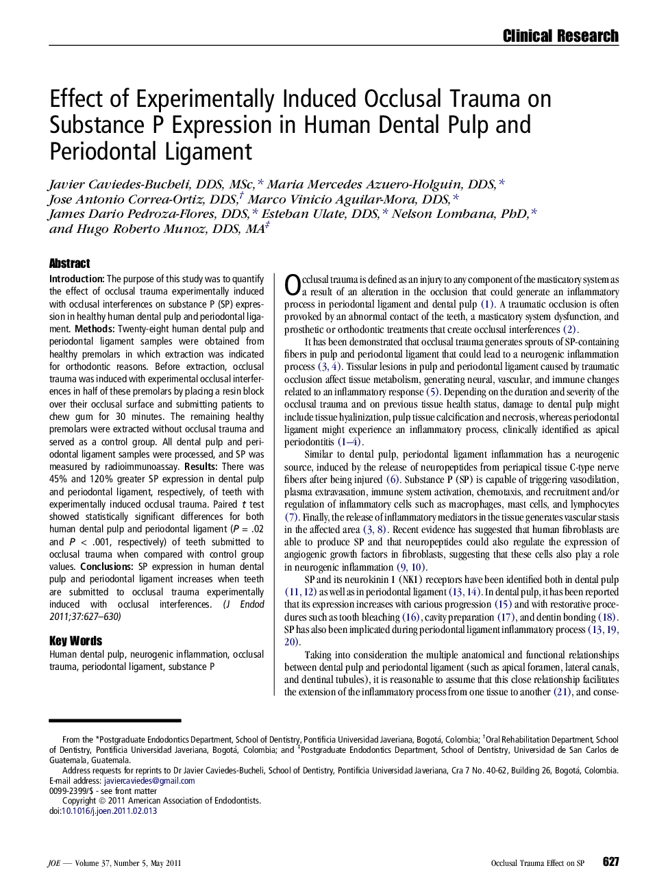 Effect of Experimentally Induced Occlusal Trauma on Substance P Expression in Human Dental Pulp and Periodontal Ligament