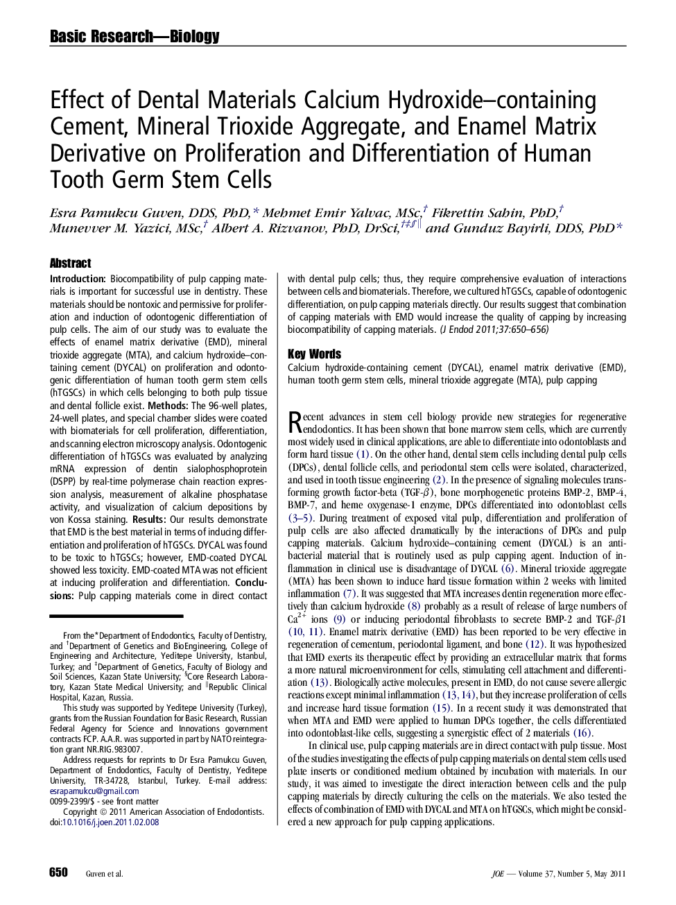 Effect of Dental Materials Calcium Hydroxide–containing Cement, Mineral Trioxide Aggregate, and Enamel Matrix Derivative on Proliferation and Differentiation of Human Tooth Germ Stem Cells 