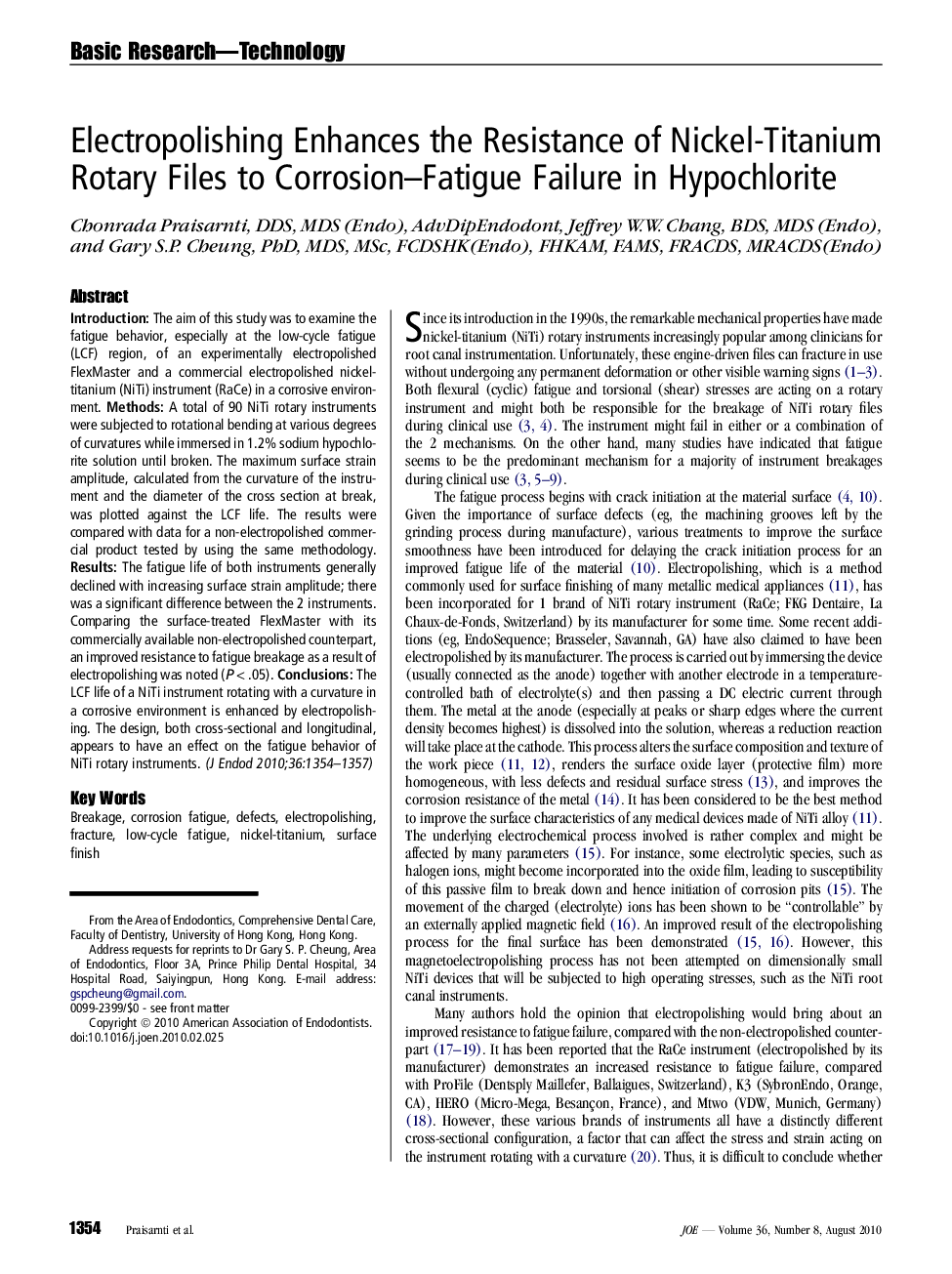 Electropolishing Enhances the Resistance of Nickel-Titanium Rotary Files to Corrosion-Fatigue Failure in Hypochlorite