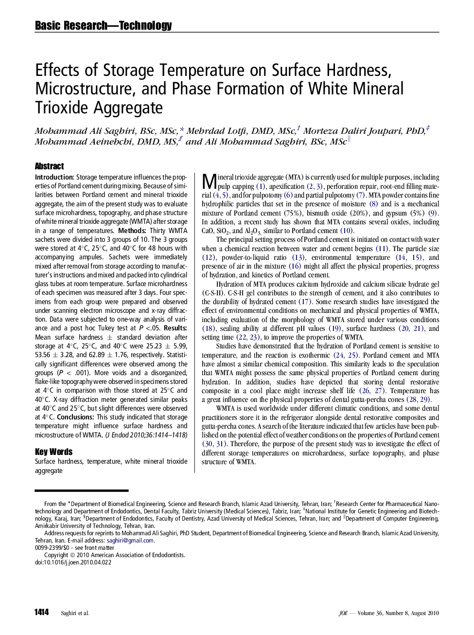 Effects of Storage Temperature on Surface Hardness, Microstructure, and Phase Formation of White Mineral Trioxide Aggregate