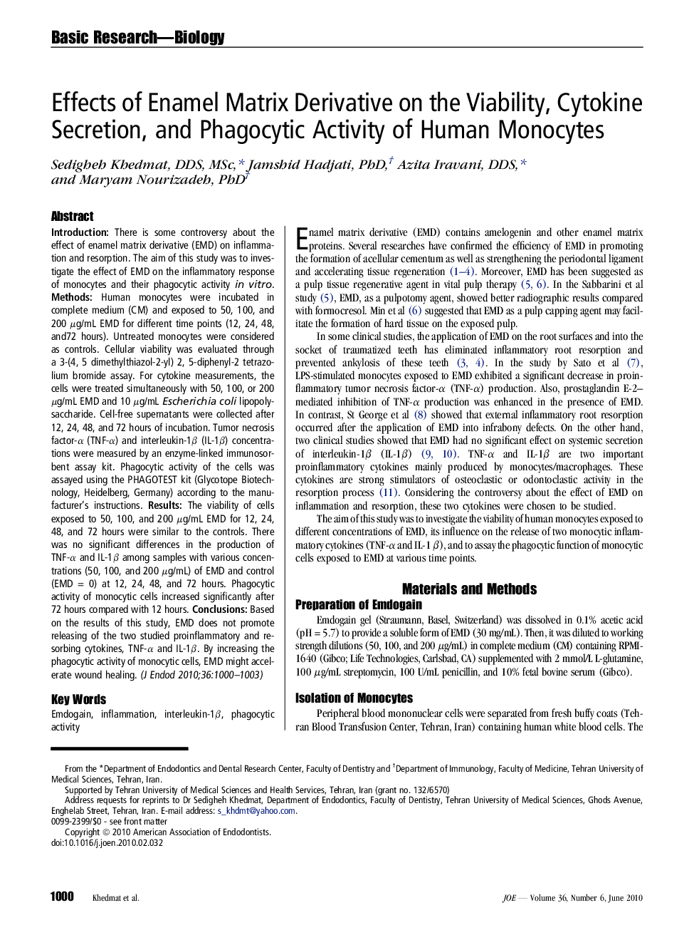 Effects of Enamel Matrix Derivative on the Viability, Cytokine Secretion, and Phagocytic Activity of Human Monocytes 