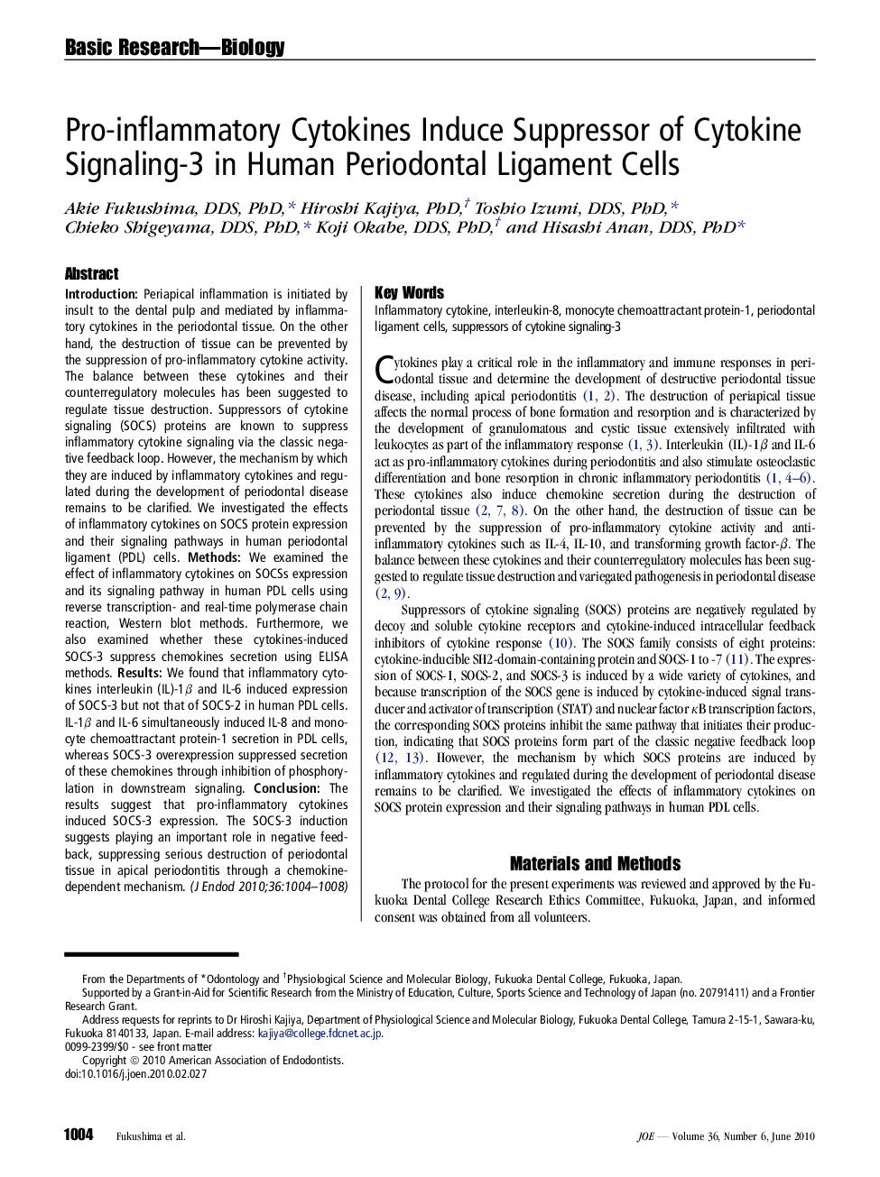 Pro-inflammatory Cytokines Induce Suppressor of Cytokine Signaling-3 in Human Periodontal Ligament Cells 