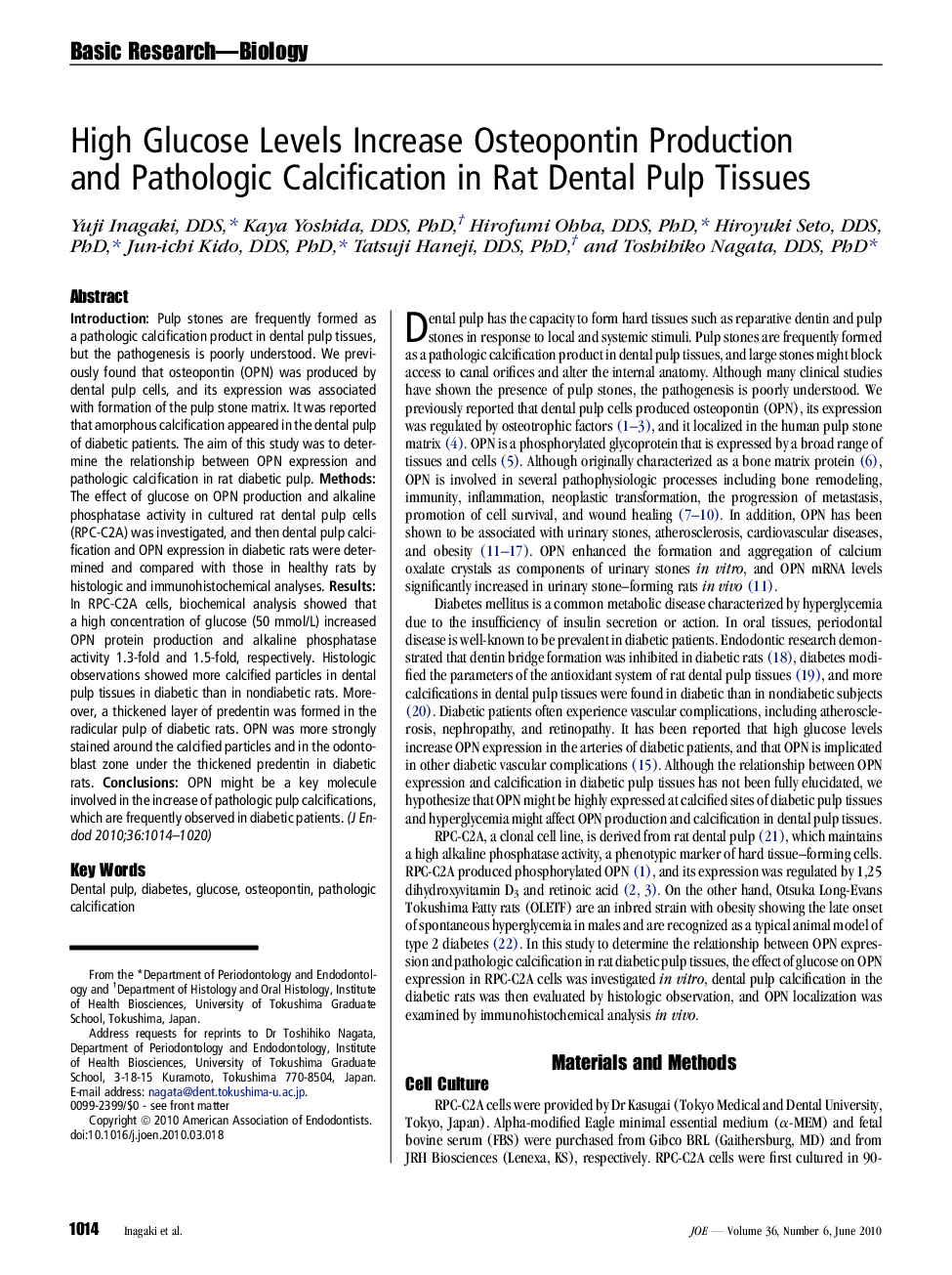 High Glucose Levels Increase Osteopontin Production and Pathologic Calcification in Rat Dental Pulp Tissues