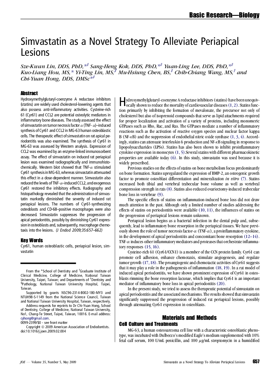 Simvastatin as a Novel Strategy To Alleviate Periapical Lesions 