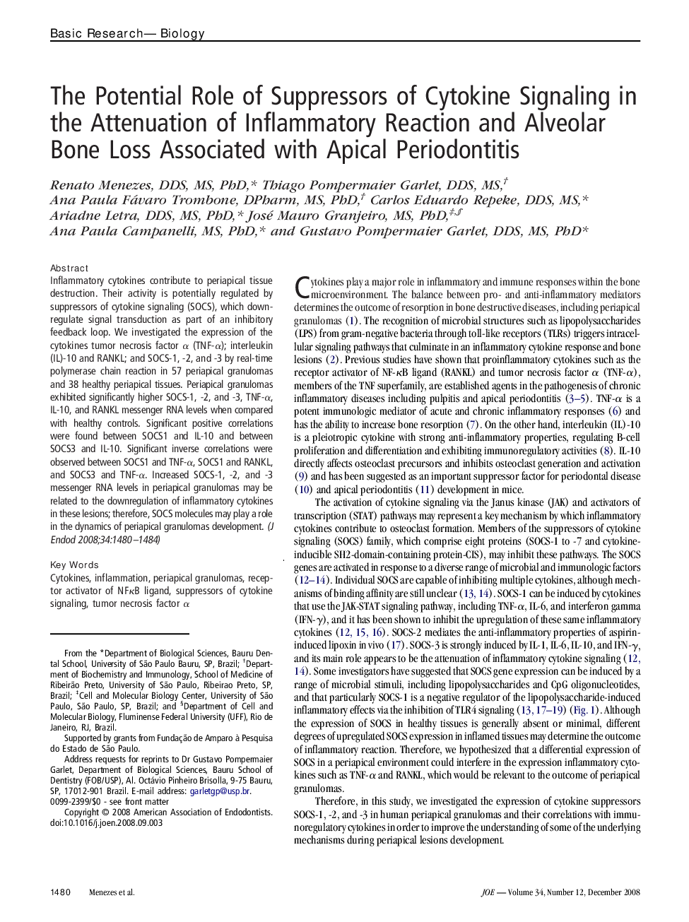 The Potential Role of Suppressors of Cytokine Signaling in the Attenuation of Inflammatory Reaction and Alveolar Bone Loss Associated with Apical Periodontitis 