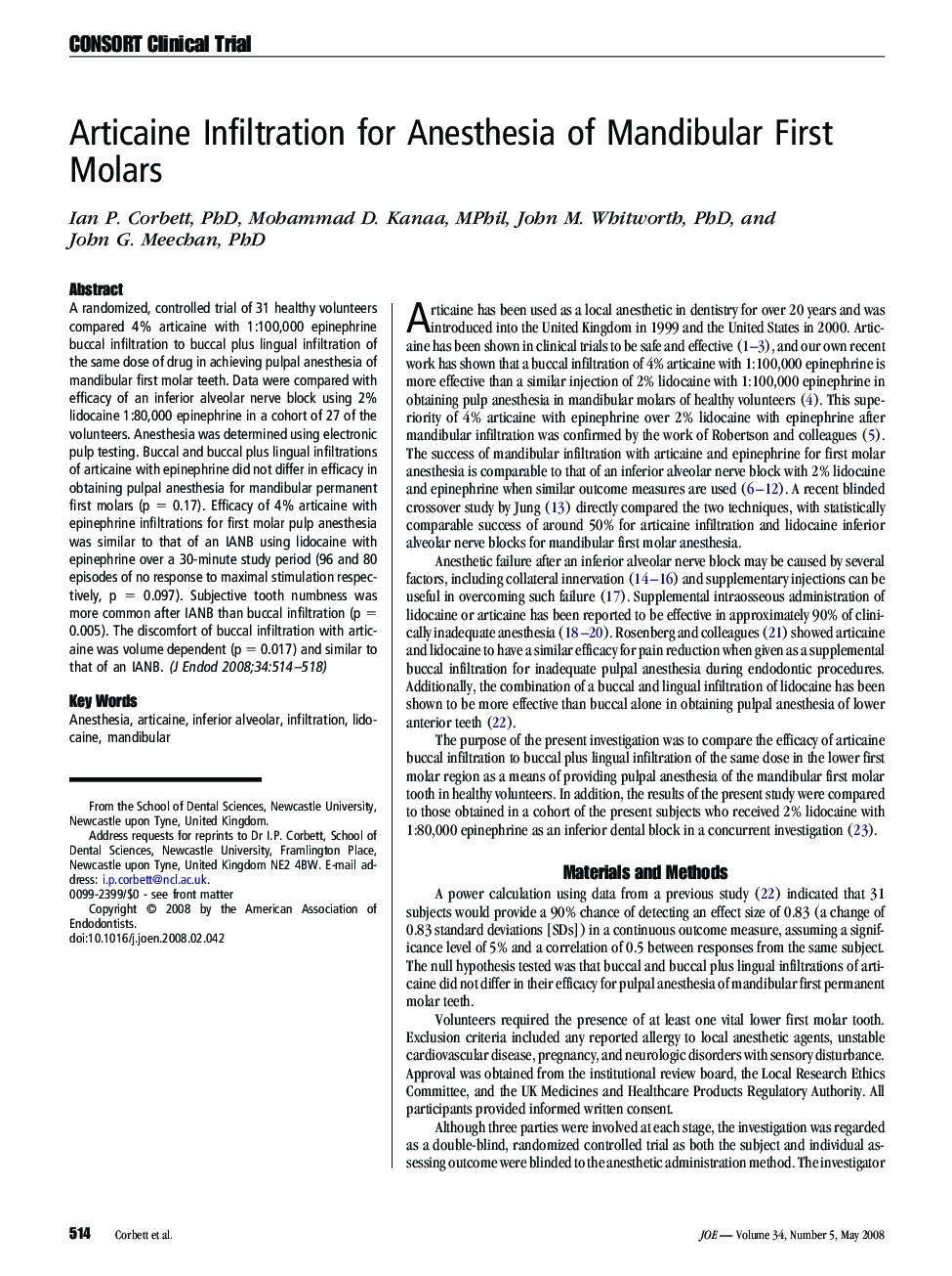 Articaine Infiltration for Anesthesia of Mandibular First Molars