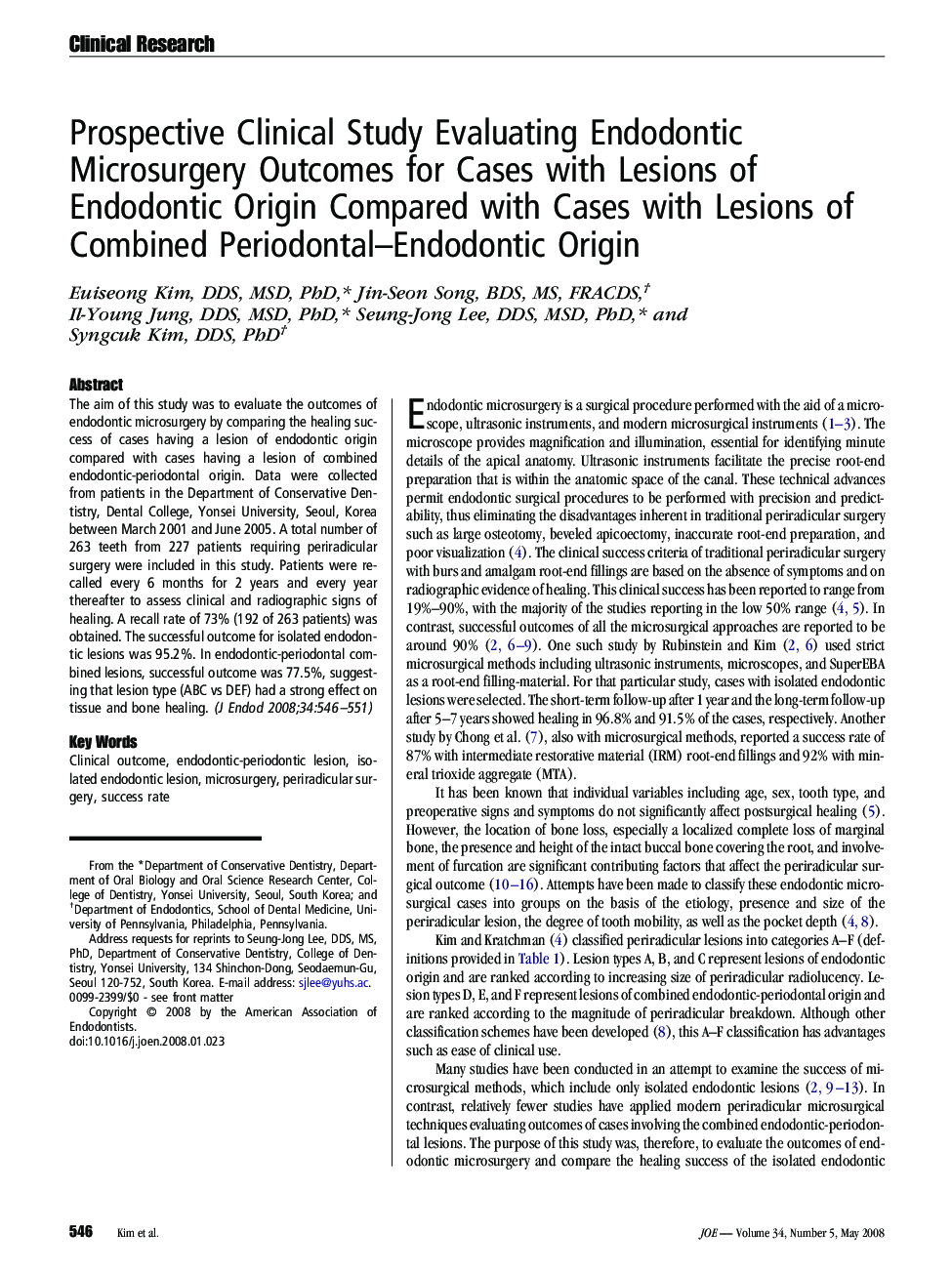 Prospective Clinical Study Evaluating Endodontic Microsurgery Outcomes for Cases with Lesions of Endodontic Origin Compared with Cases with Lesions of Combined Periodontal–Endodontic Origin