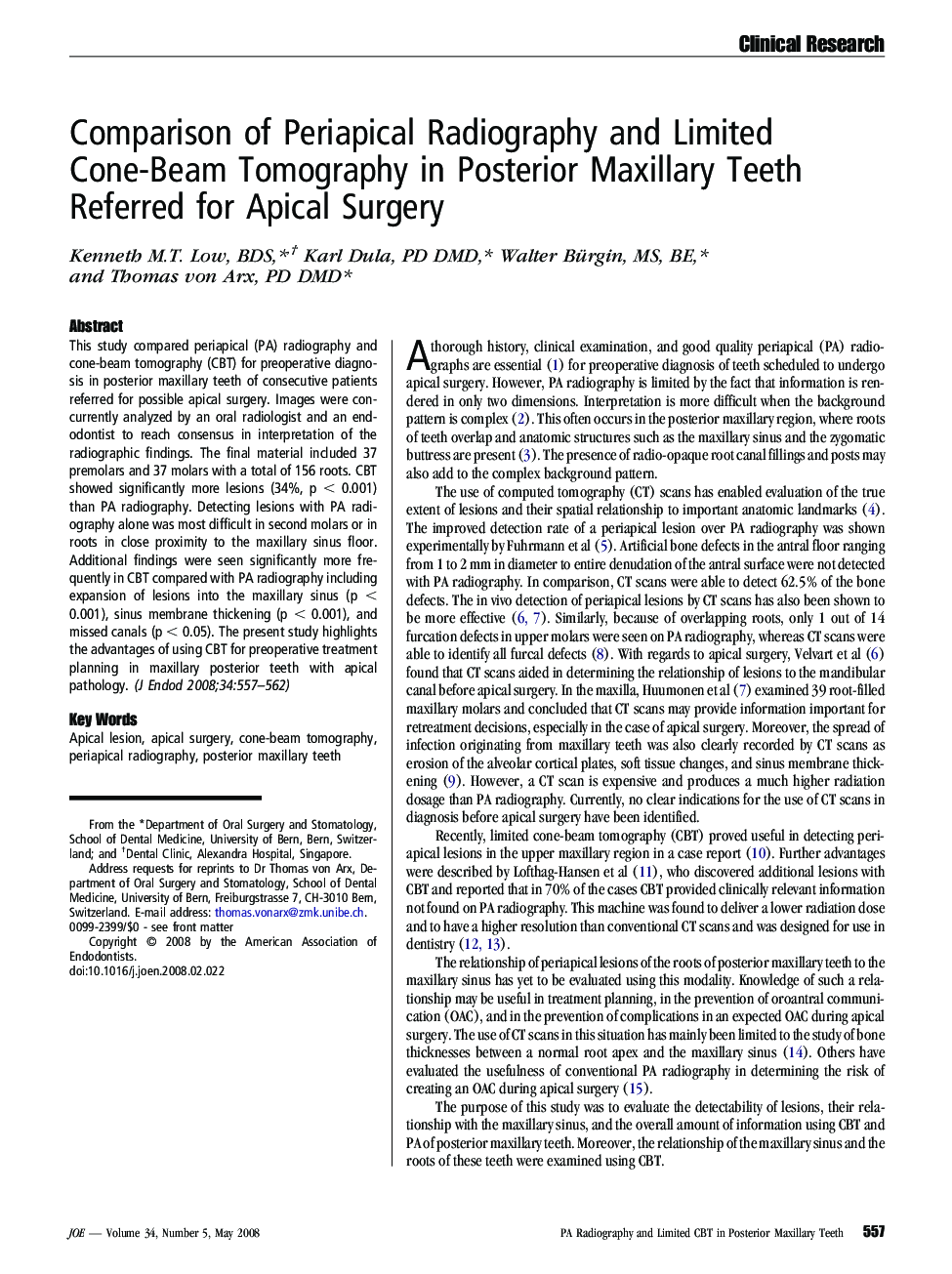 Comparison of Periapical Radiography and Limited Cone-Beam Tomography in Posterior Maxillary Teeth Referred for Apical Surgery