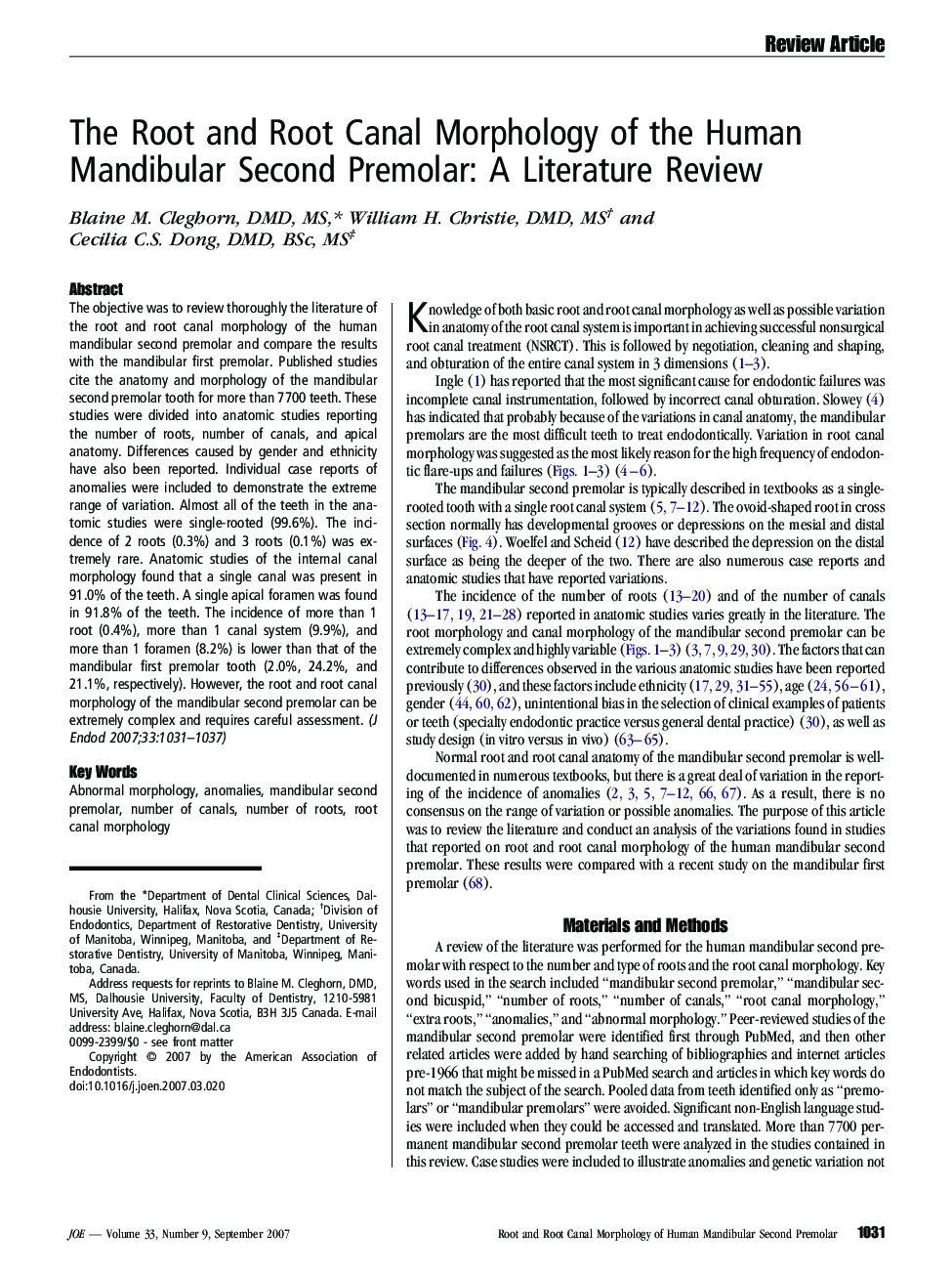 The Root and Root Canal Morphology of the Human Mandibular Second Premolar: A Literature Review