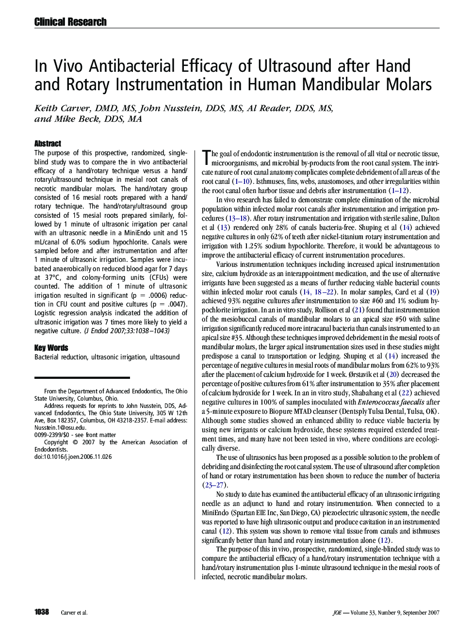 In Vivo Antibacterial Efficacy of Ultrasound after Hand and Rotary Instrumentation in Human Mandibular Molars