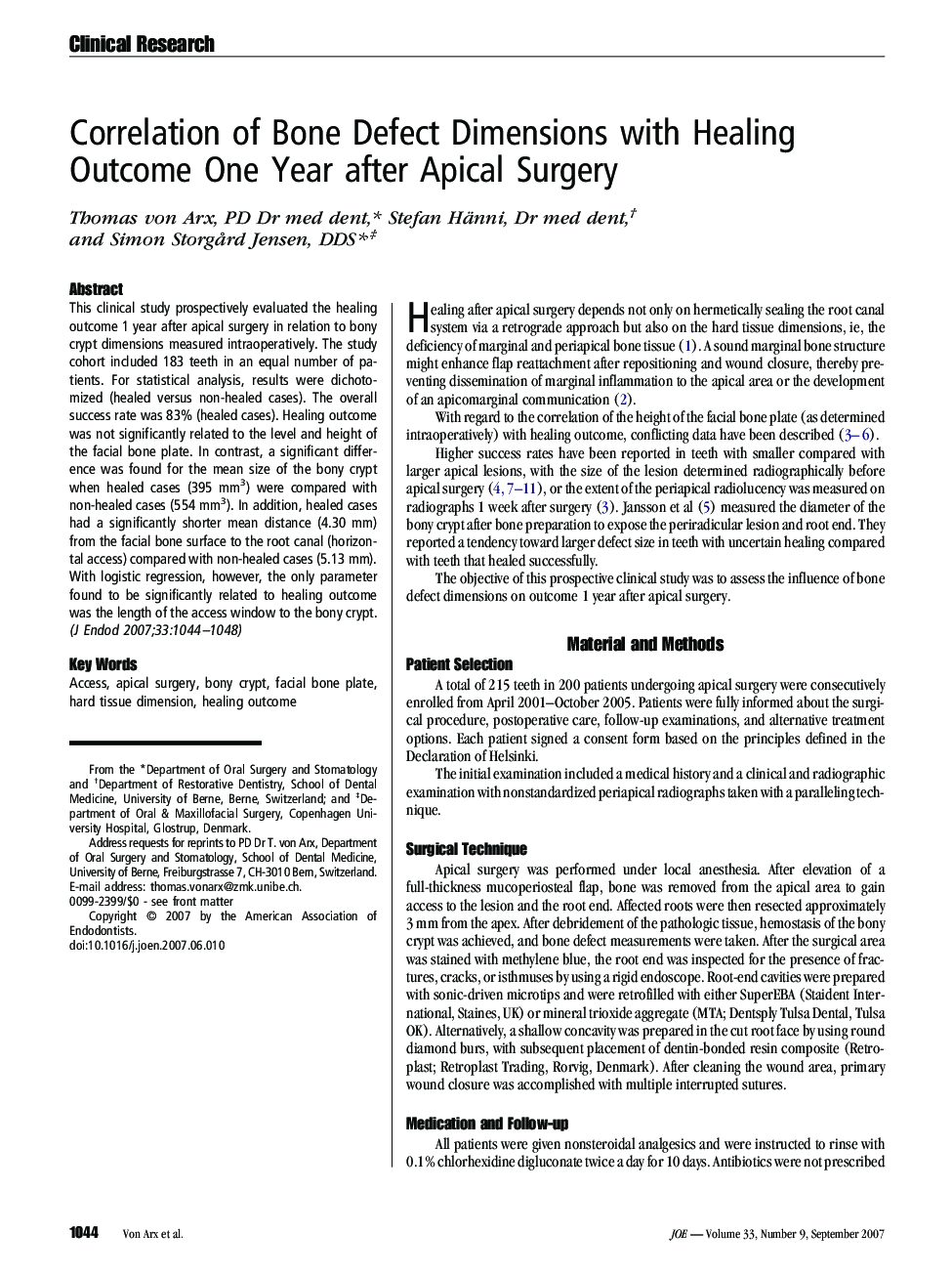 Correlation of Bone Defect Dimensions with Healing Outcome One Year after Apical Surgery