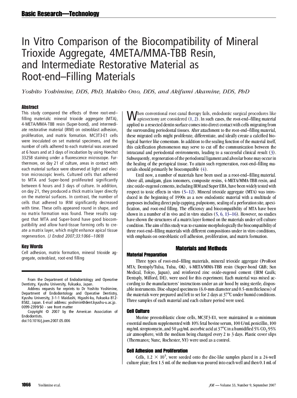 In Vitro Comparison of the Biocompatibility of Mineral Trioxide Aggregate, 4META/MMA-TBB Resin, and Intermediate Restorative Material as Root-end-Filling Materials