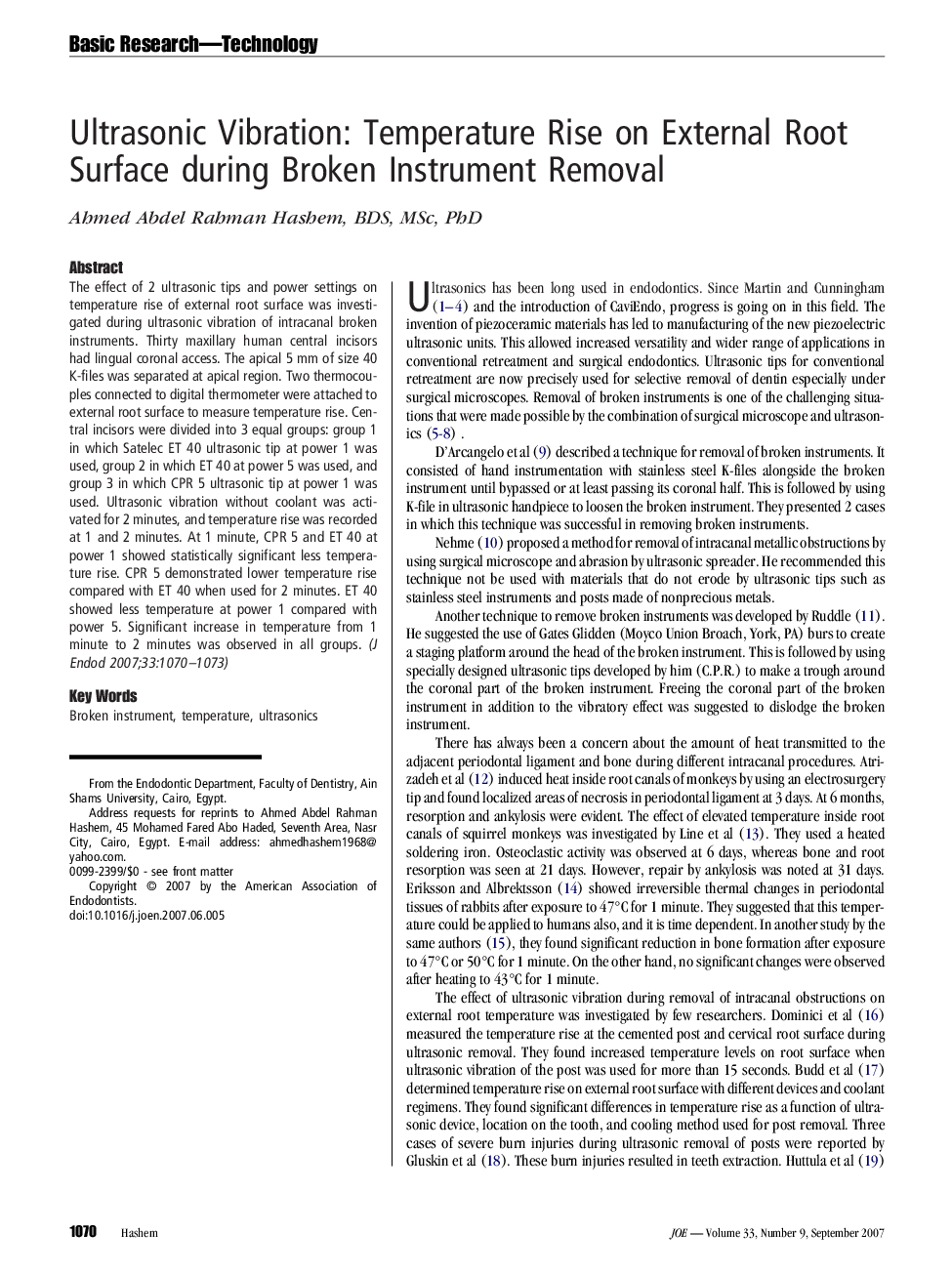 Ultrasonic Vibration: Temperature Rise on External Root Surface during Broken Instrument Removal